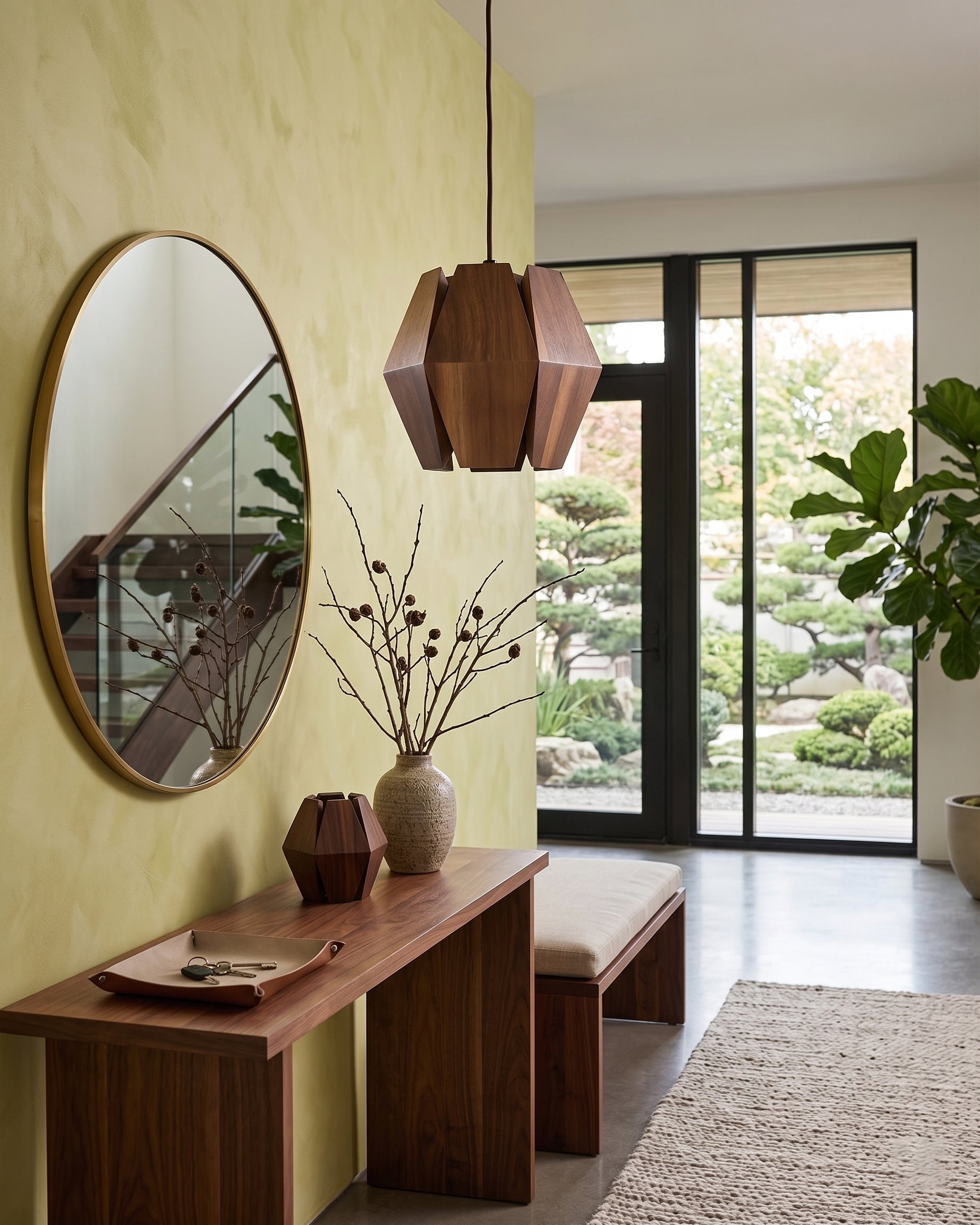 The Kaden Wood Pendant Light turned on, casting a warm and inviting glow.