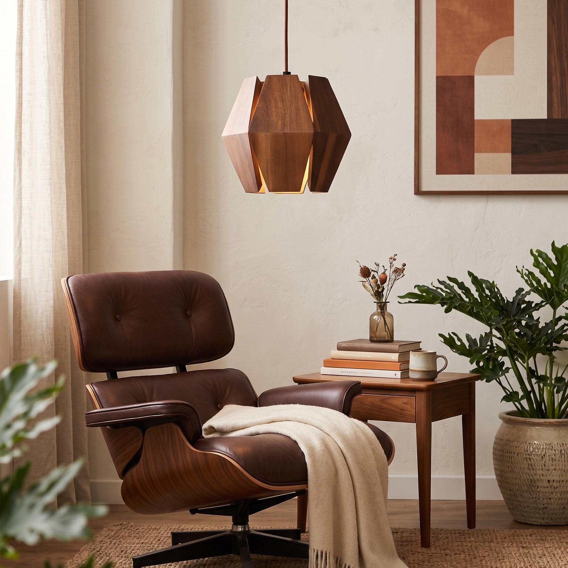 Close-up of the interlocking natural walnut veneer slats on the Kaden Pendant Light.