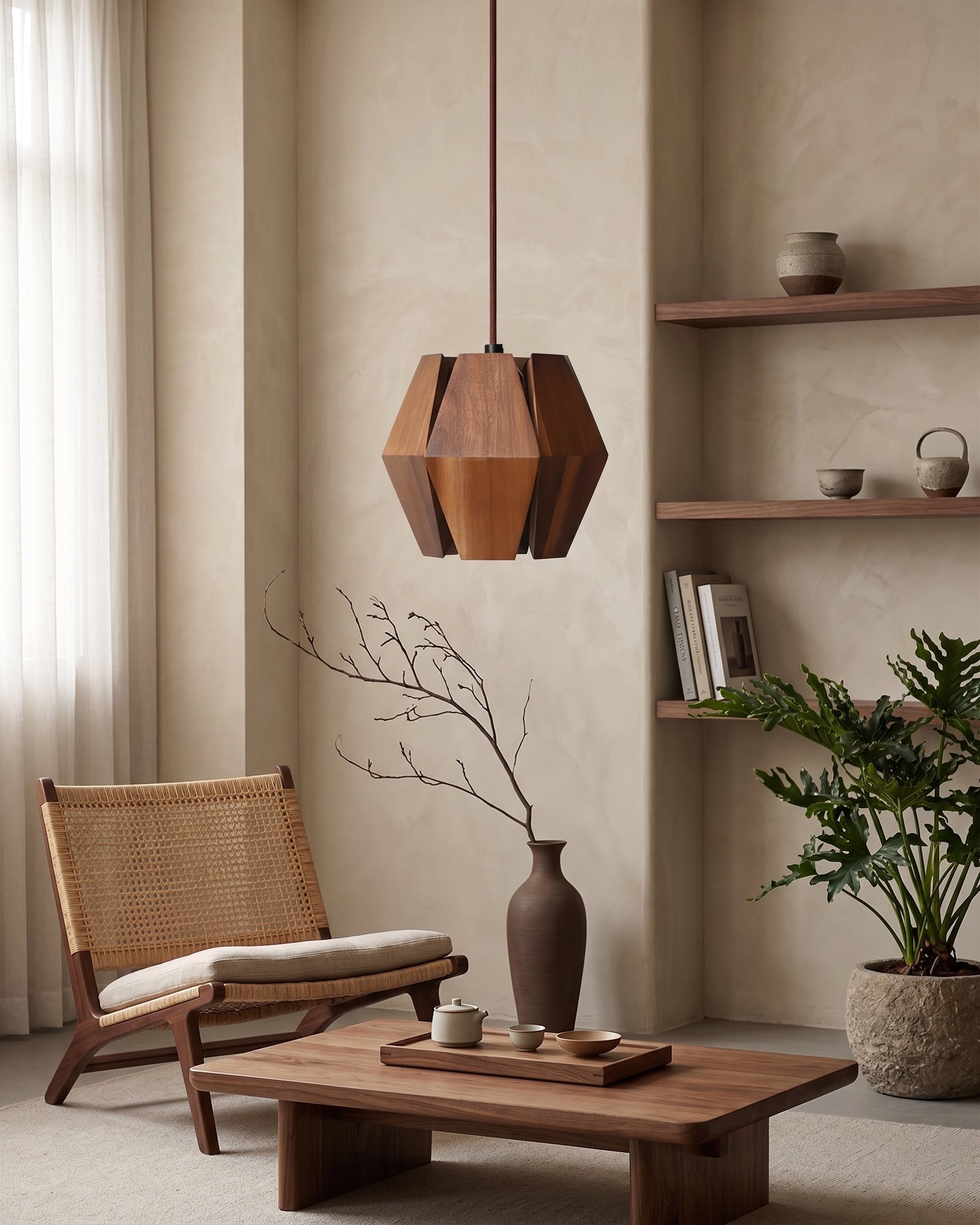 Diagram showing the dimensions of the Kaden Wood Pendant Light, Model A.
