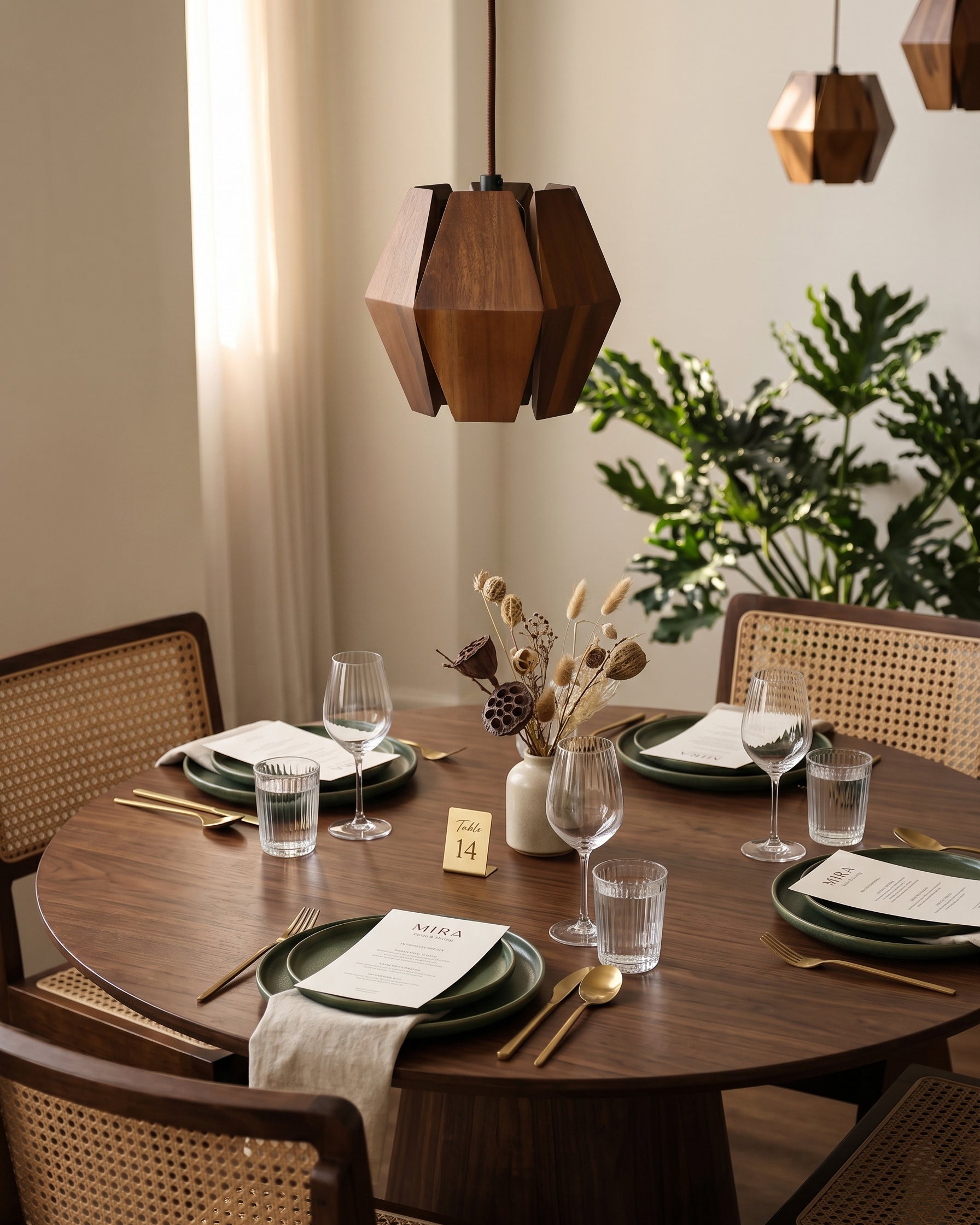 Kaden Wood Pendant Light hanging in a mid-century modern reading alcove.