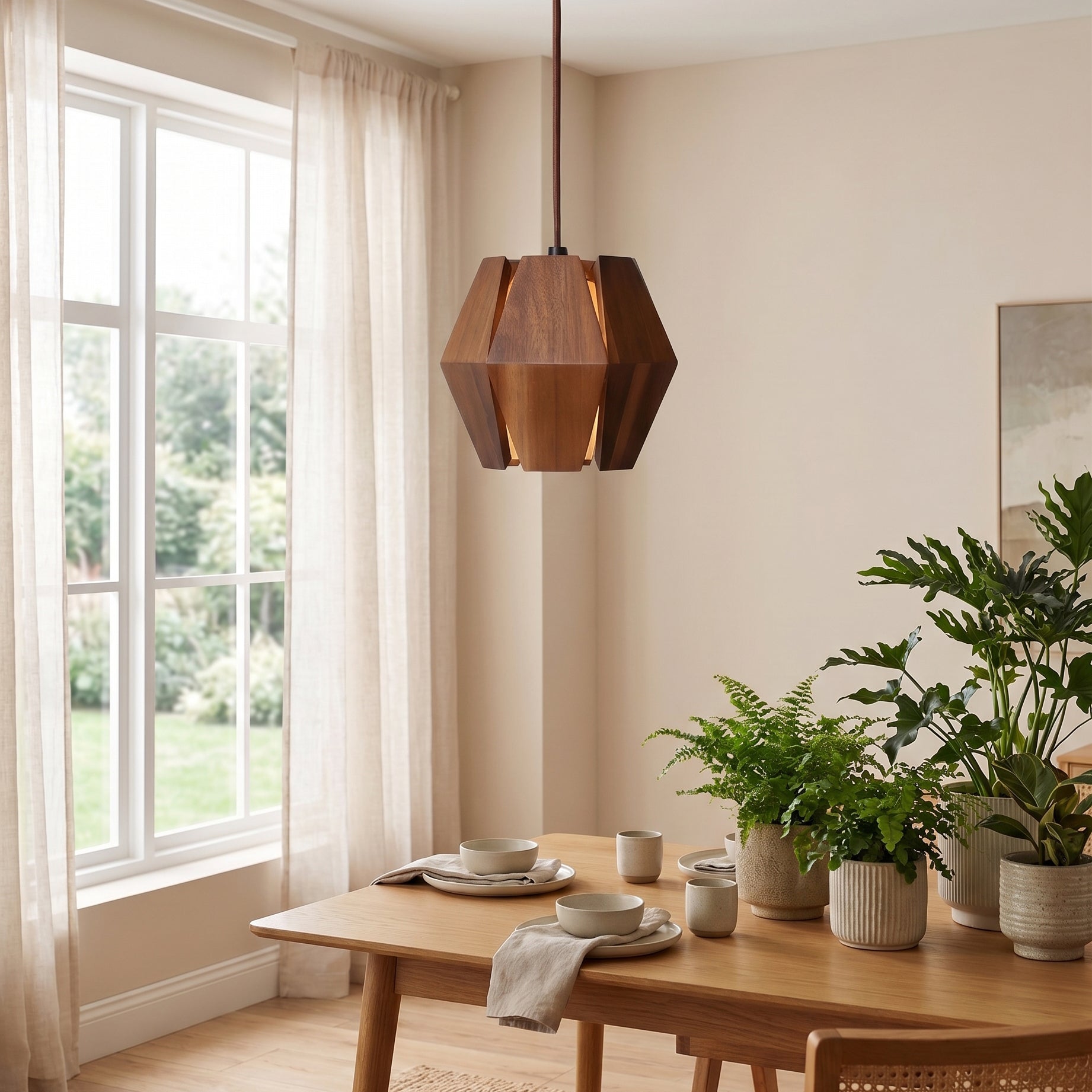 Angled shot of the Kaden Wood Pendant Light against a plain background.