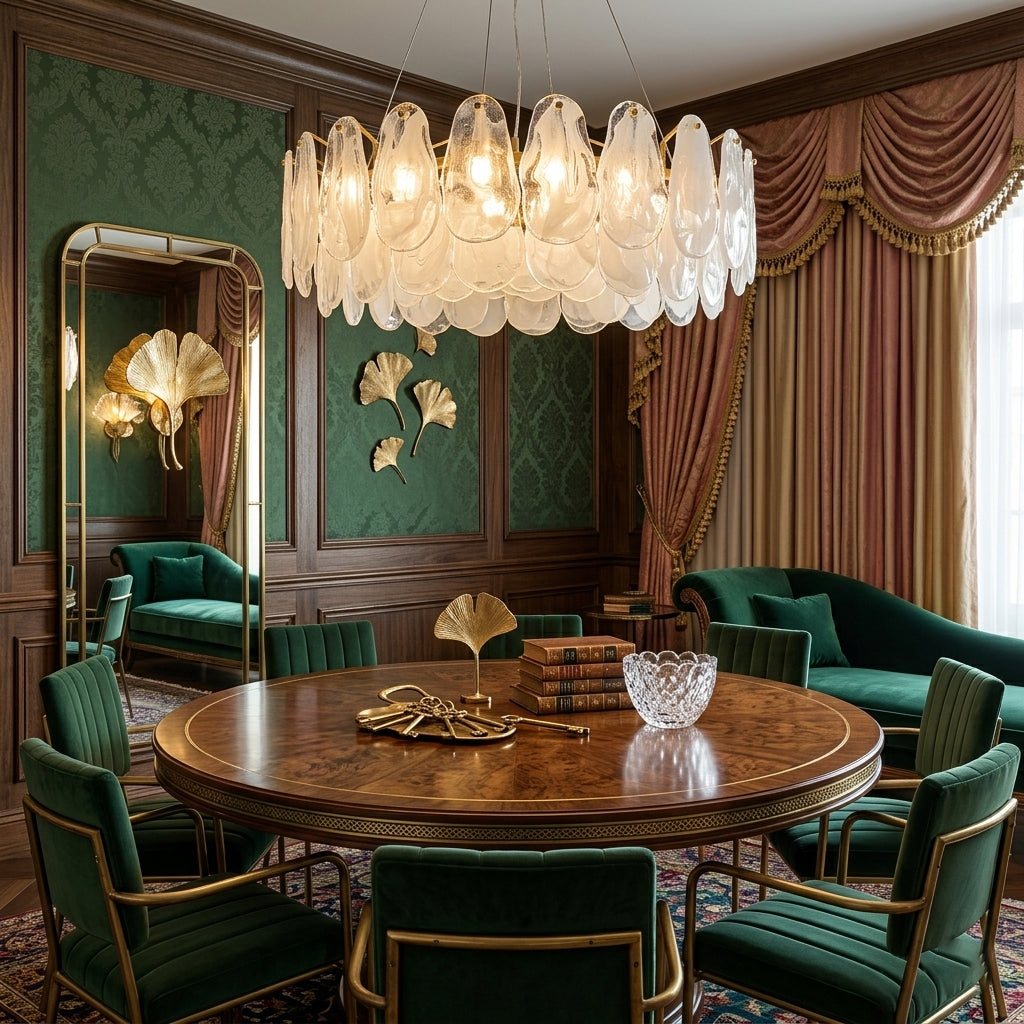 Side profile of the low-profile Leon Cloud Glass Chandelier, highlighting its 9.1-inch height.