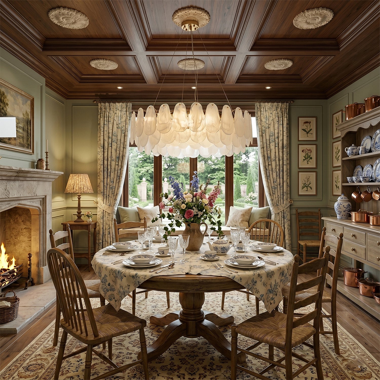 The Leon Chandelier illuminated, casting a warm and diffused glow through its glass panels.