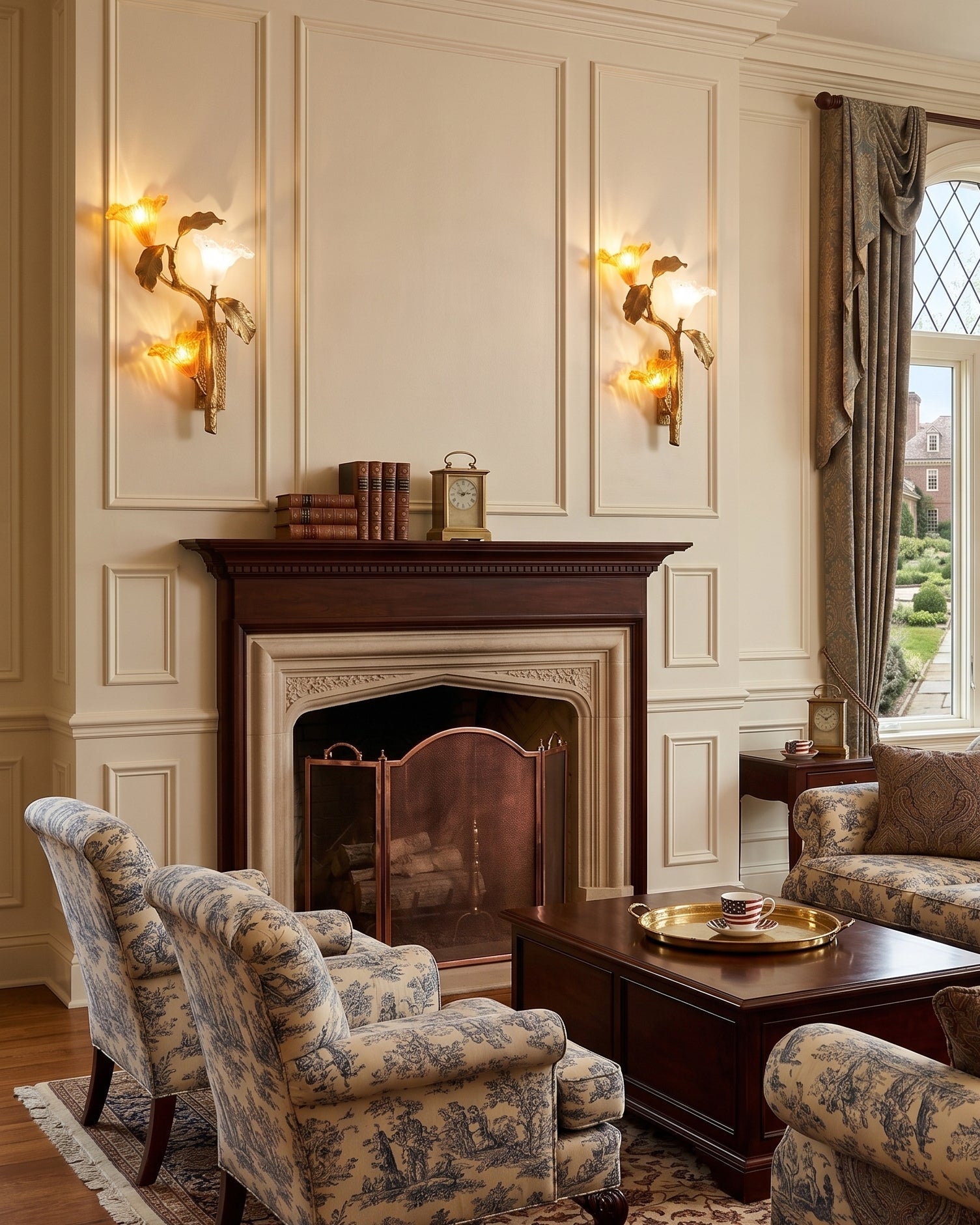 The sconce illuminated, casting a warm, layered light.