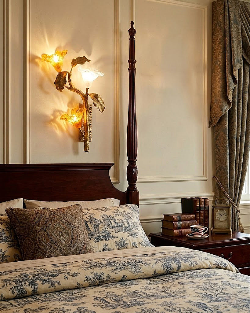 Angled view of the Lily Branch Brass Sconce showcasing its sculptural form.