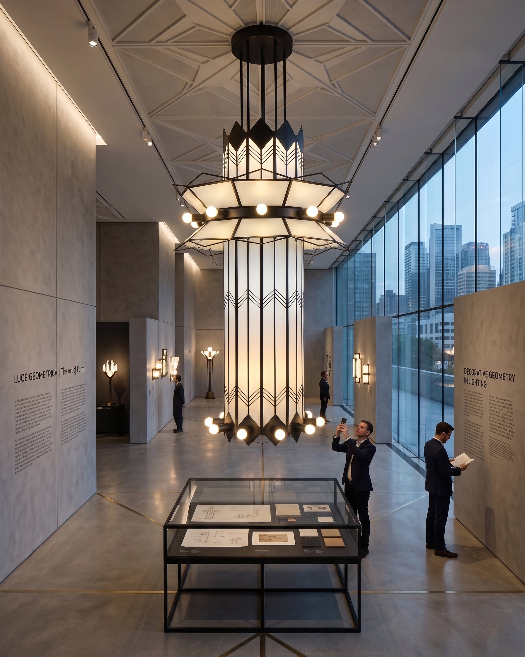 View from below of the Manhattan Ziggurat Chandelier, showcasing its 23 light sources.