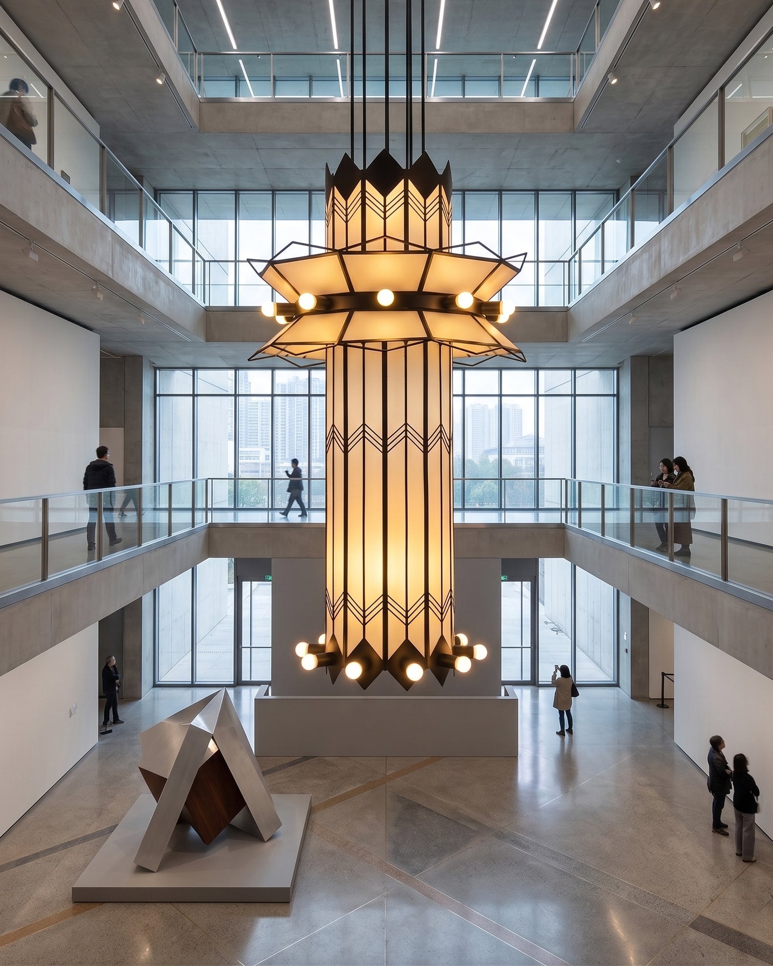 The chandelier illuminating a spacious dining hall with a vaulted ceiling.