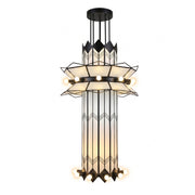 Manhattan Ziggurat Tiered Chandelier hanging in a grand, high-ceiling entryway.