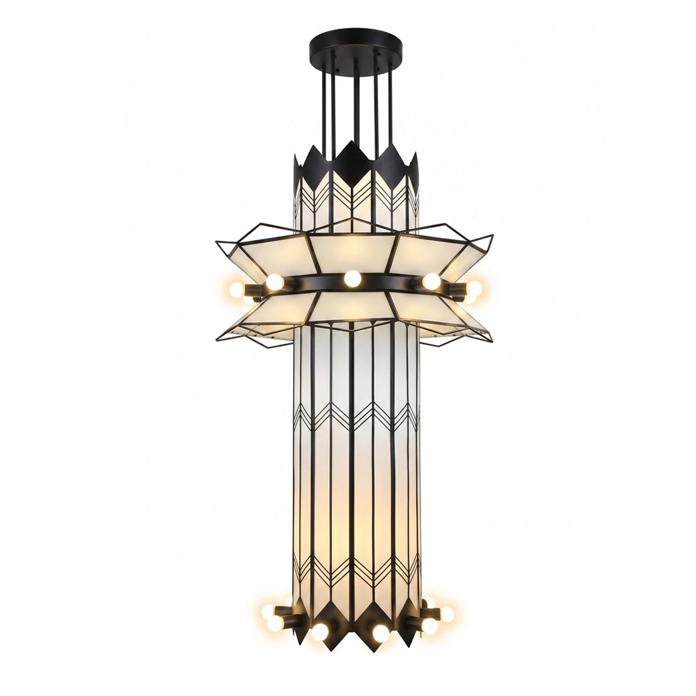 Manhattan Ziggurat Tiered Chandelier hanging in a grand, high-ceiling entryway.
