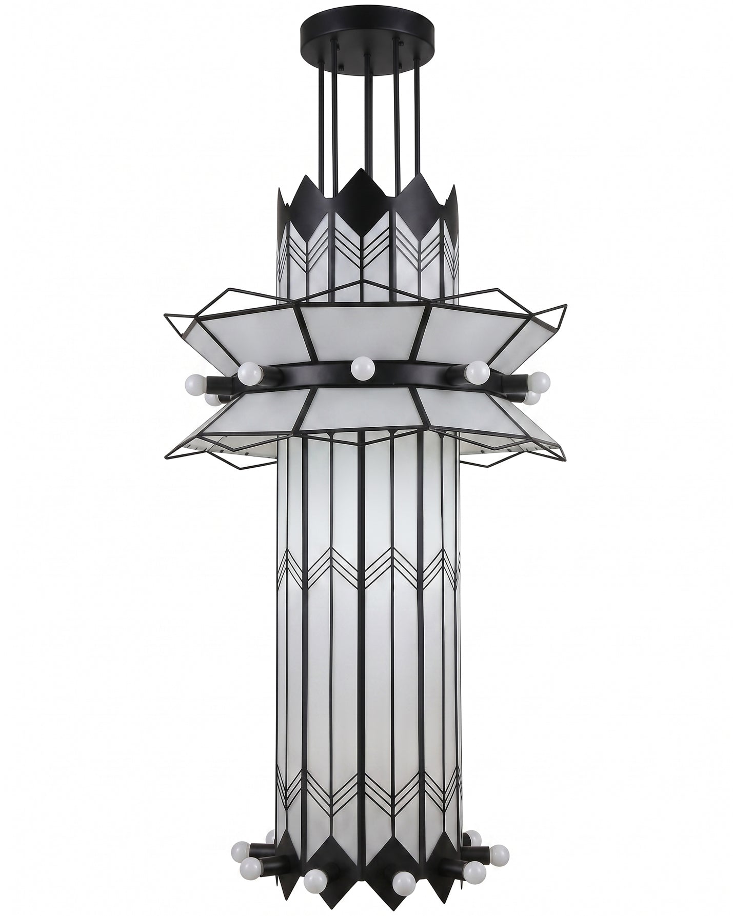 Product dimensions and size specifications for the Manhattan Ziggurat Tiered Chandelier.