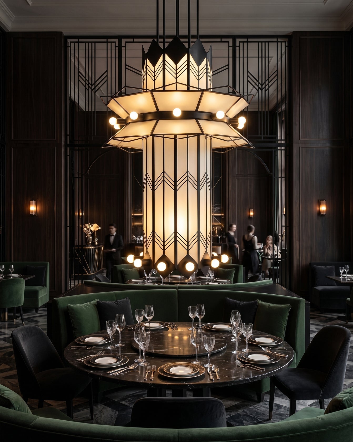 Angled shot of the large-scale Ziggurat Chandelier, highlighting its stepped, geometric design.