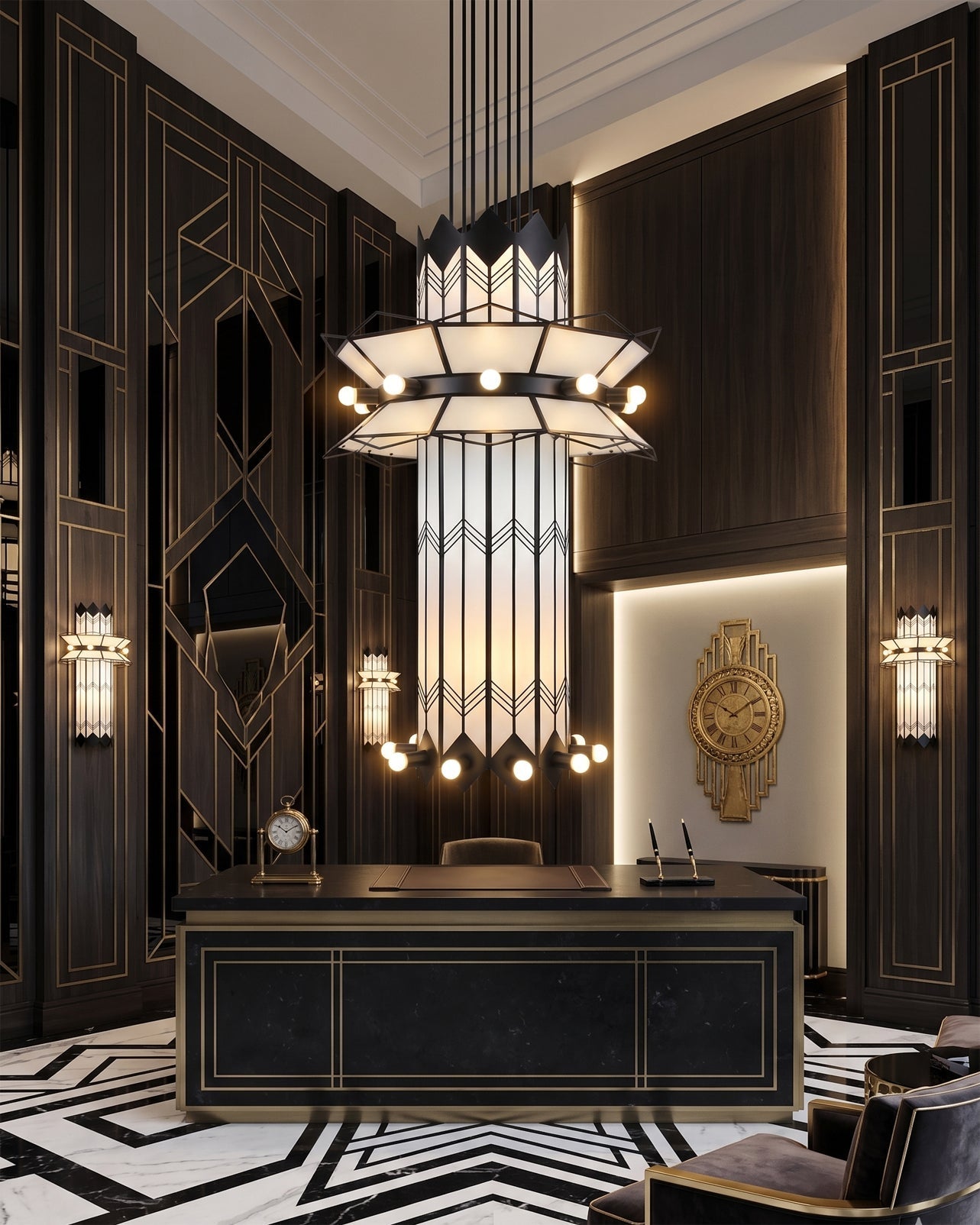 The Manhattan Ziggurat Chandelier shown in a black finish in a modern living space.