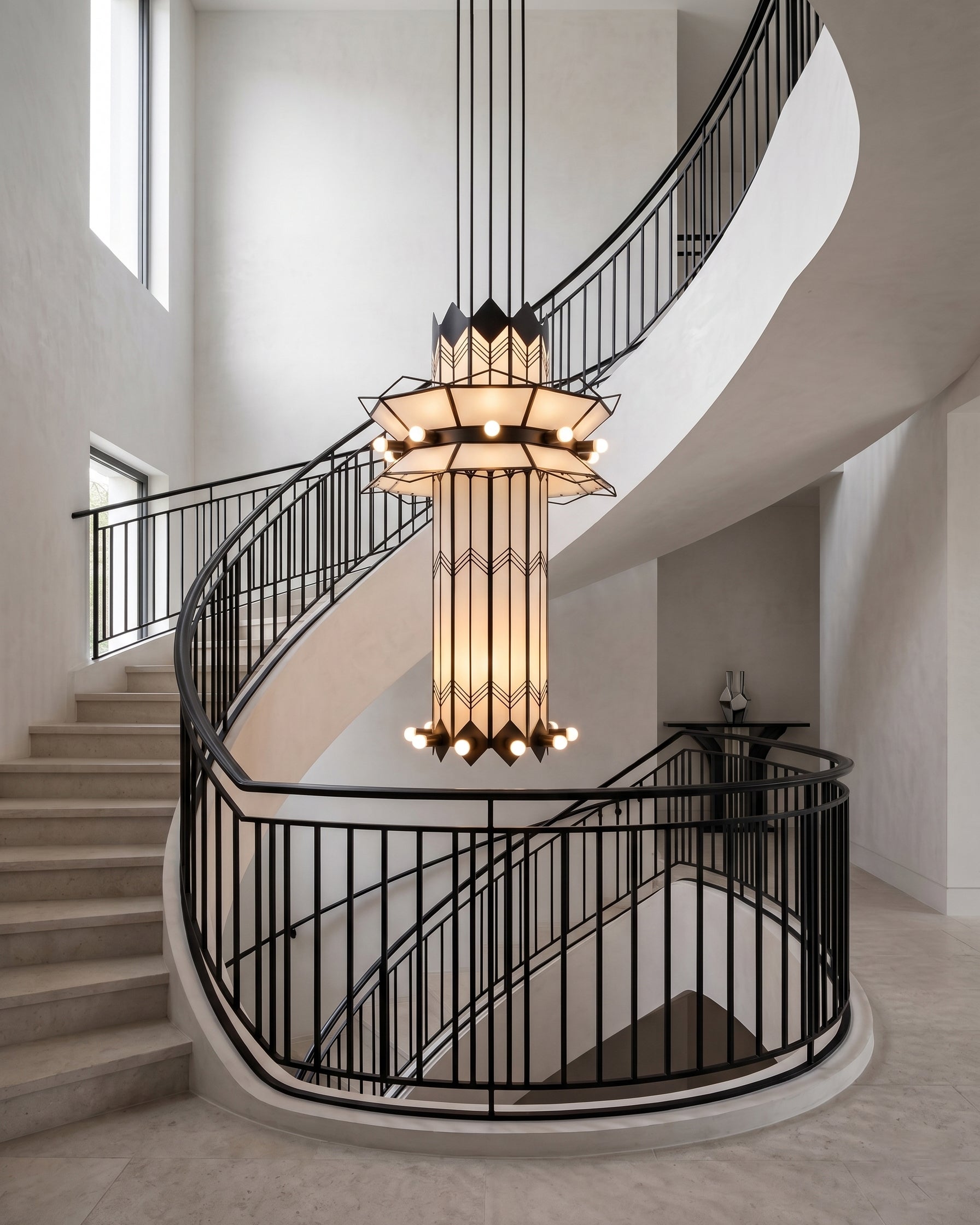 Detail of the metal construction and bulb housing on the tiered chandelier.