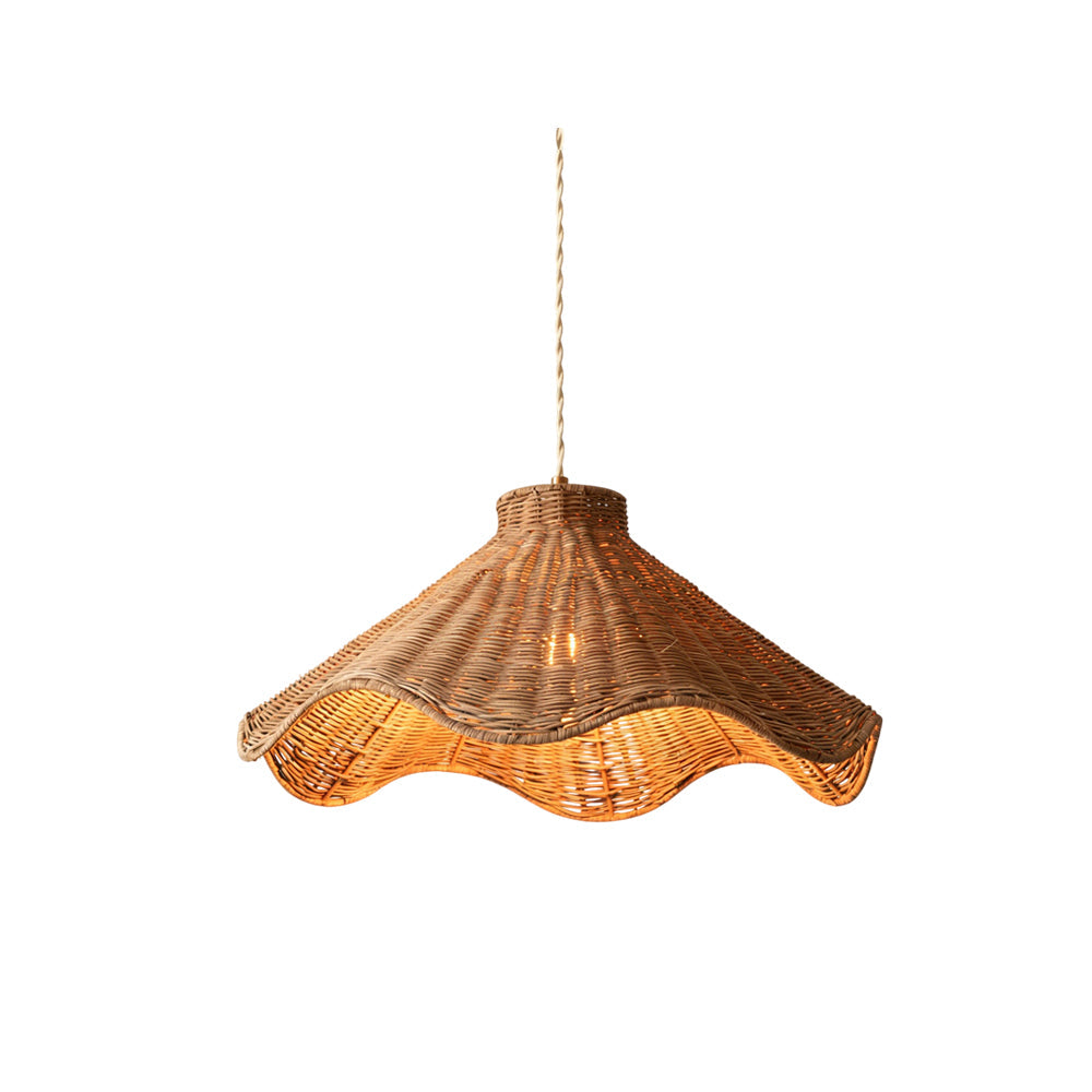Maren Sculptural Rattan Pendant Light hanging in a Japandi-style dining room.