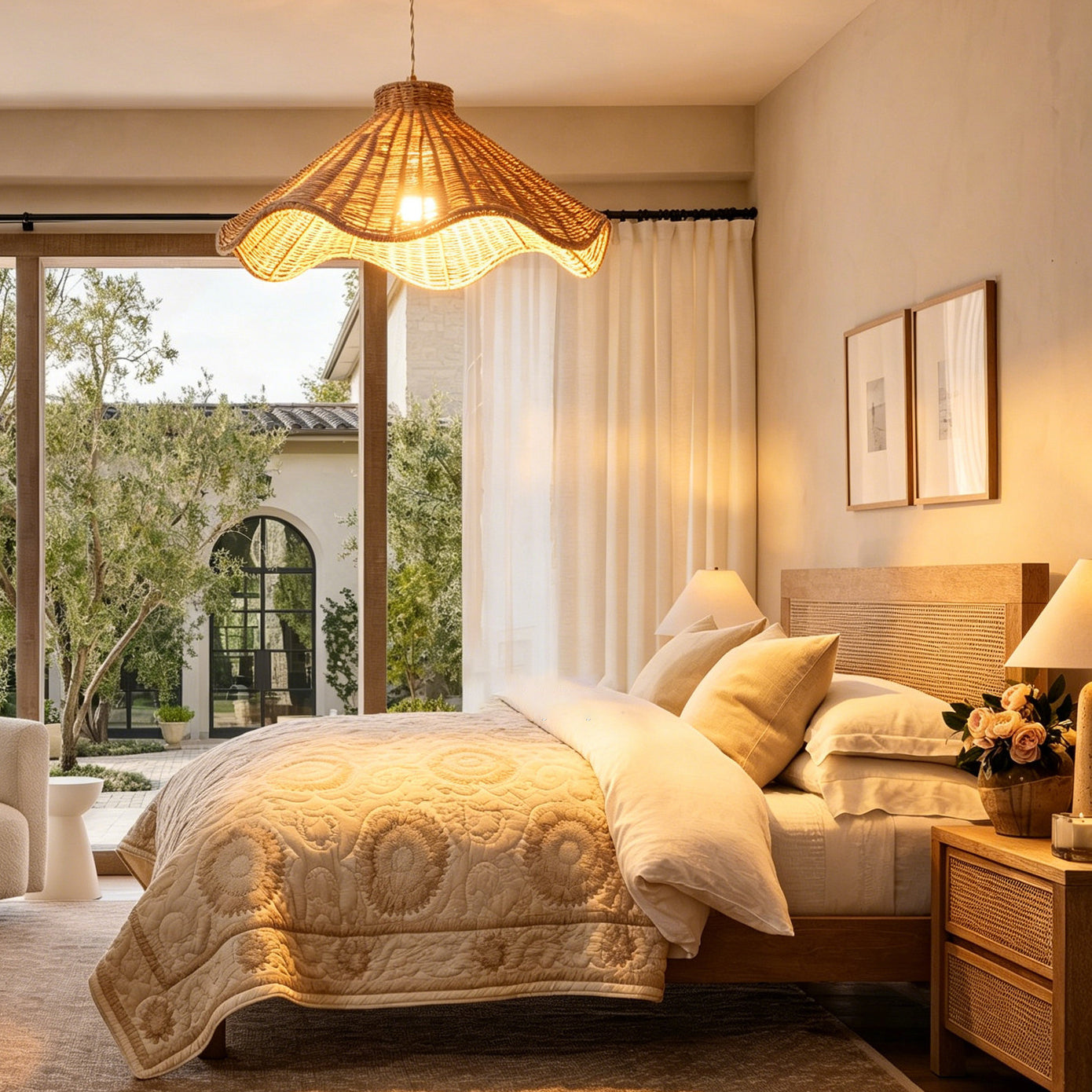 Angled view of the Maren Sculptural Rattan Pendant Light against a neutral wall.