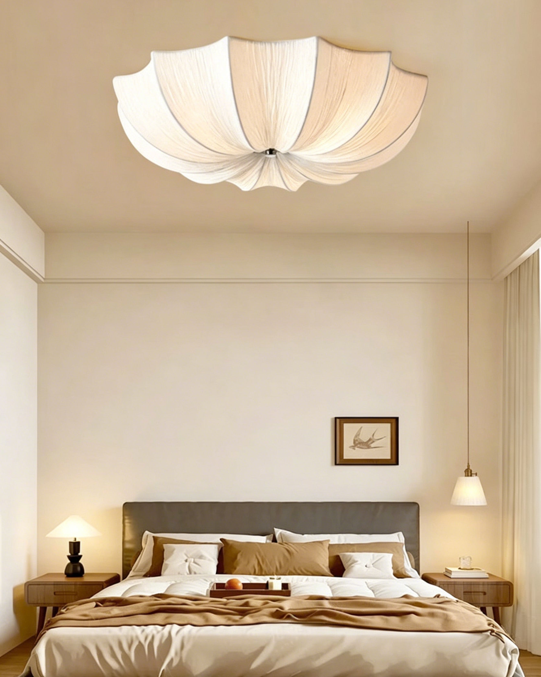 Margot Pleated Flush Mount installed in a romantic-style primary bedroom.