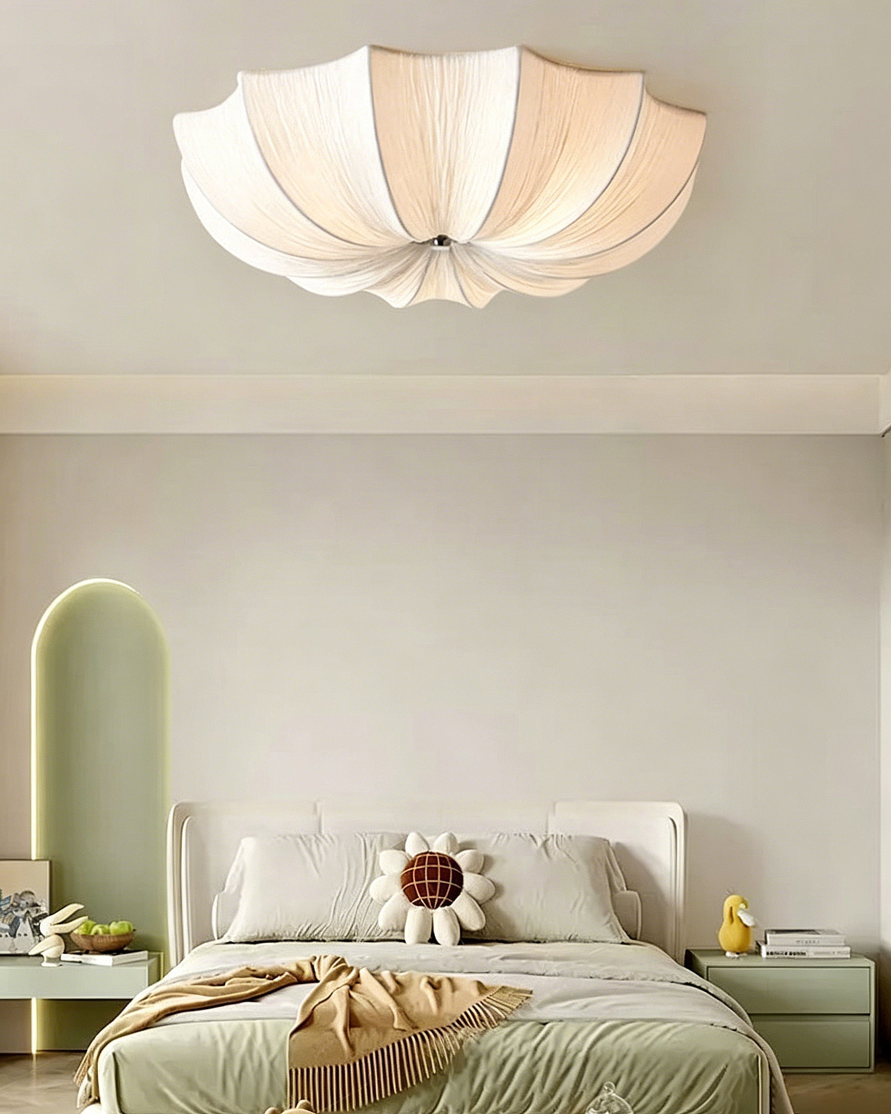 A design-forward nursery featuring the Margot Pleated Flush Mount.