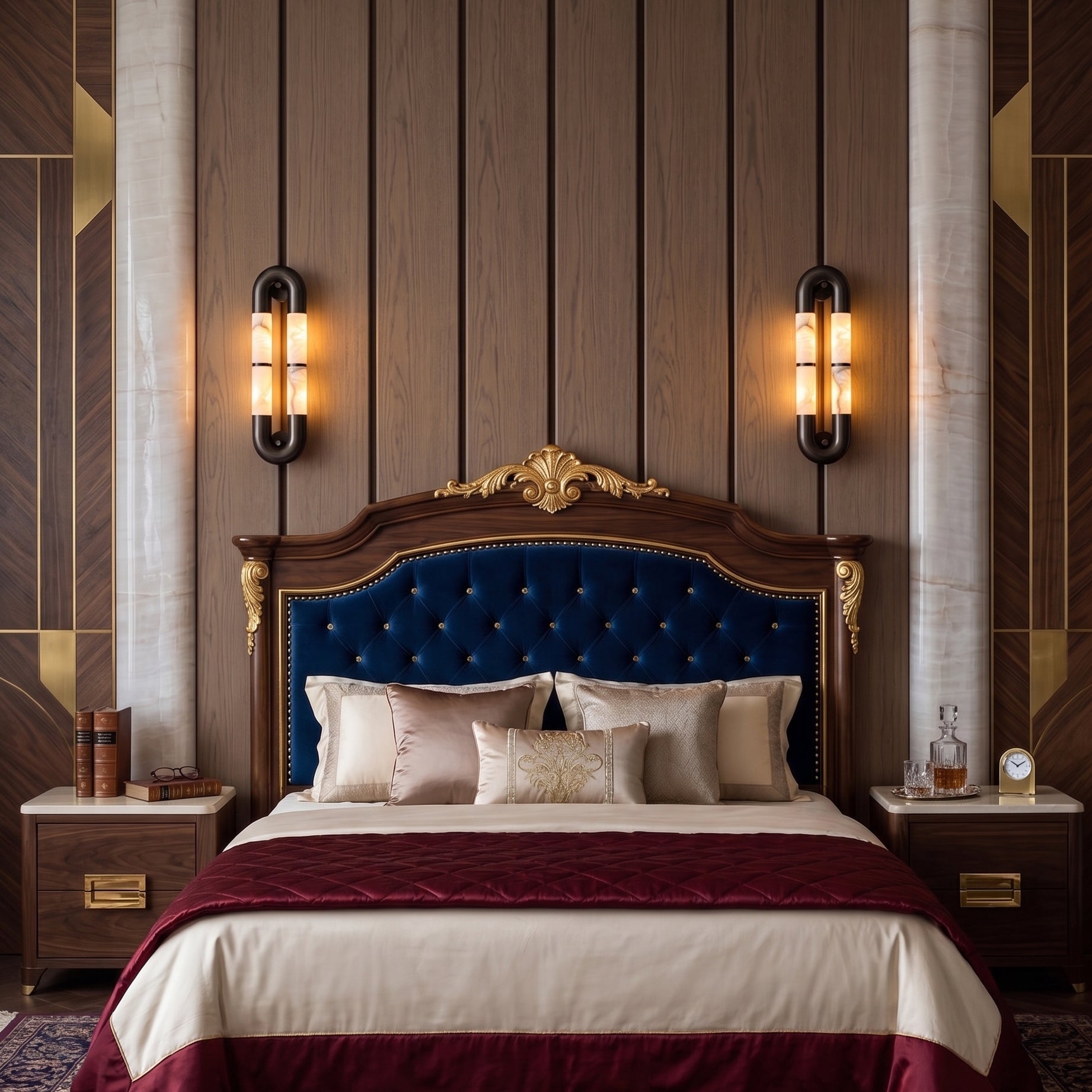 The Mirabelle wall sconce illuminated, casting a warm glow.