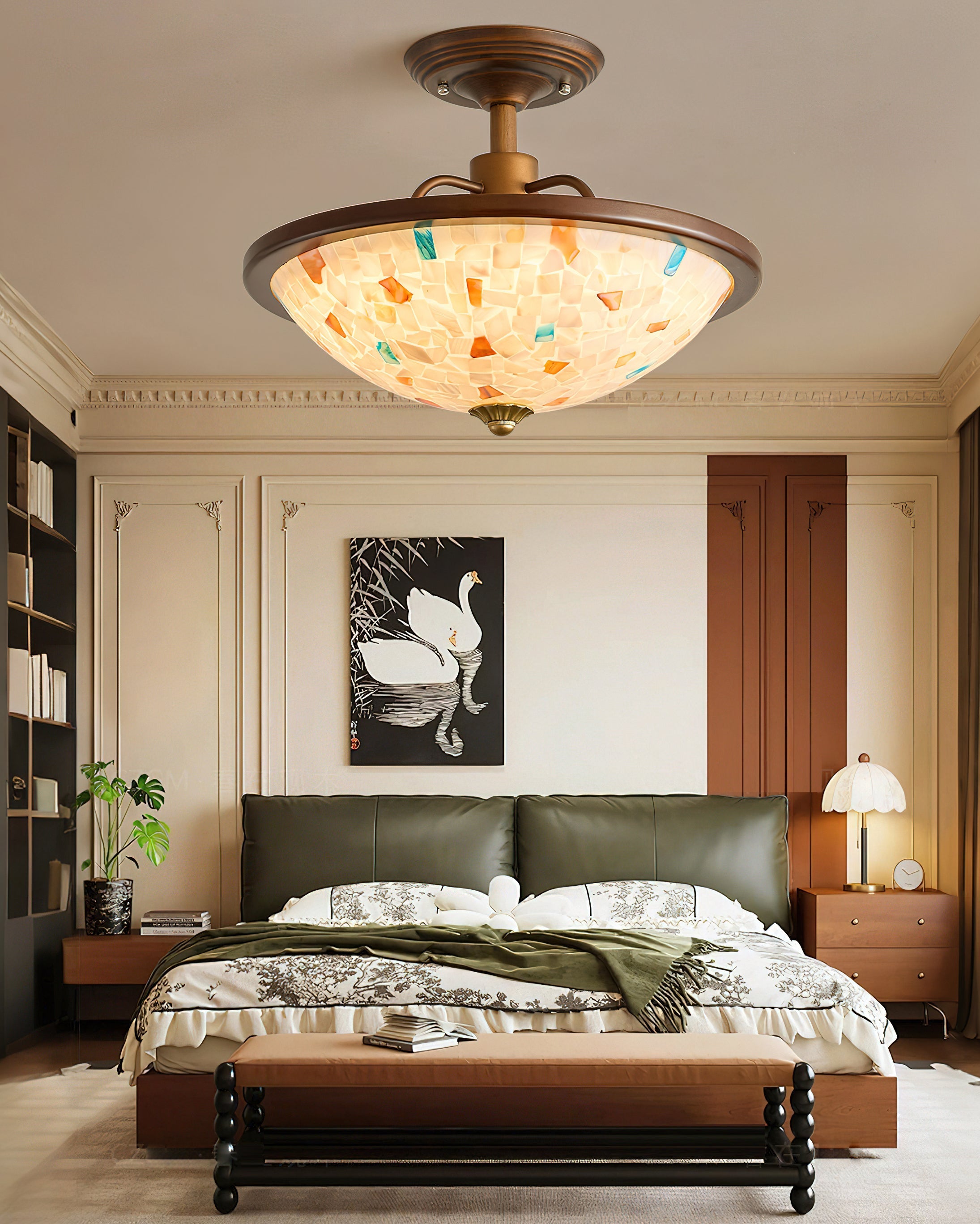 A detailed shot of the walnut-colored wood accent on the Capiz shell ceiling mount.