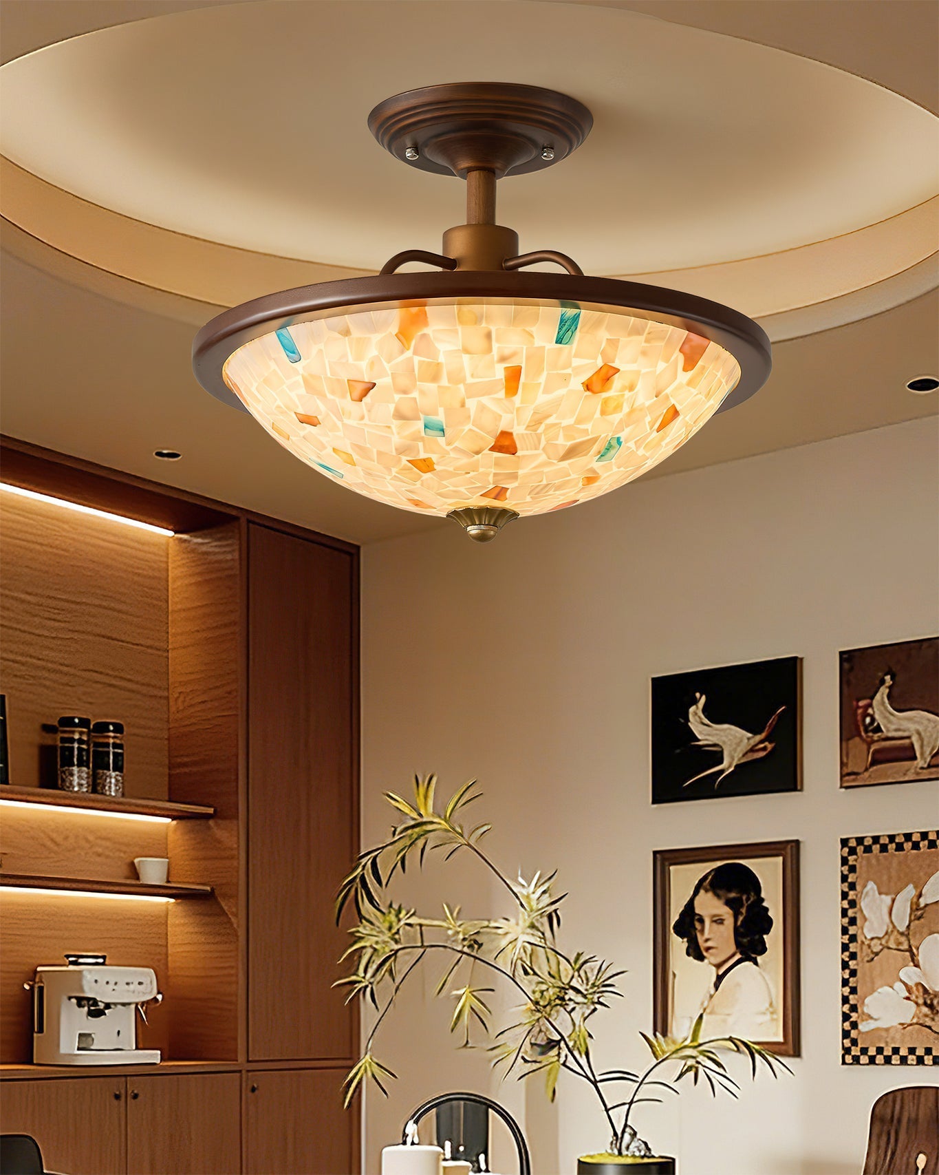 The Monterey Ceiling Mount shown illuminated, casting a warm, ethereal glow.