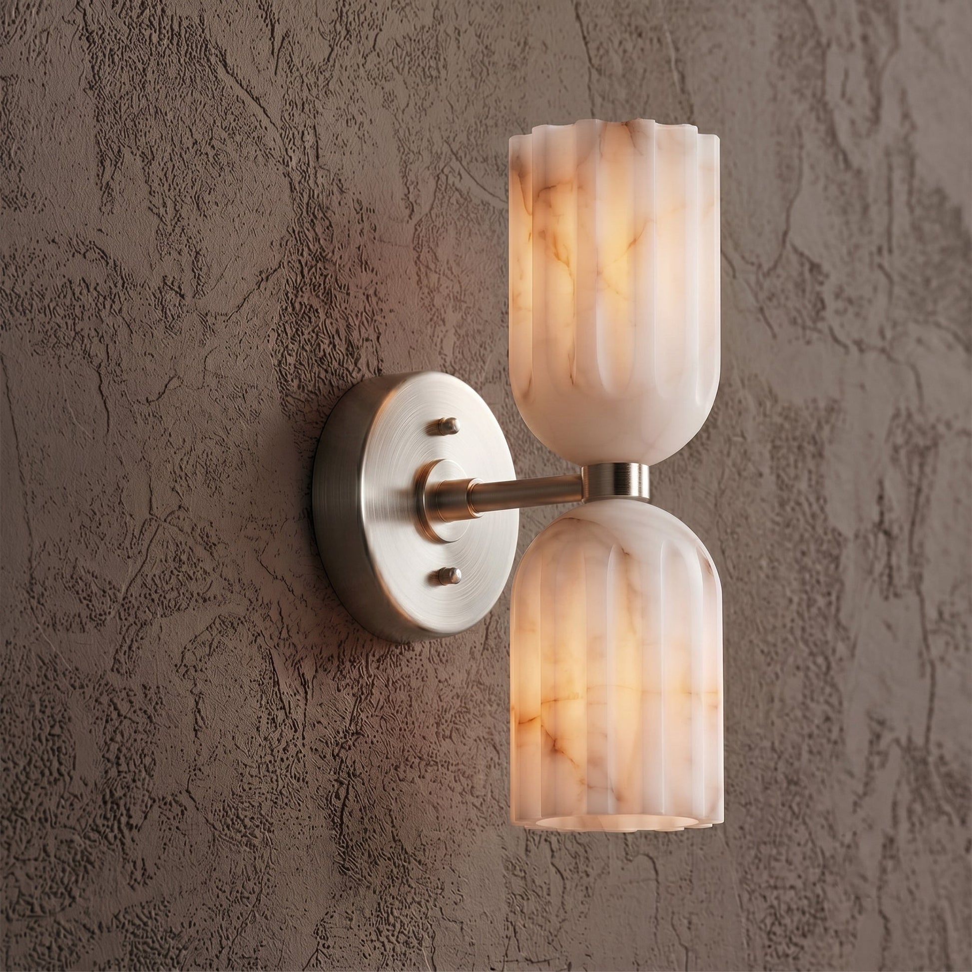 Angled view of the wall sconce, displaying both the shade and backplate.