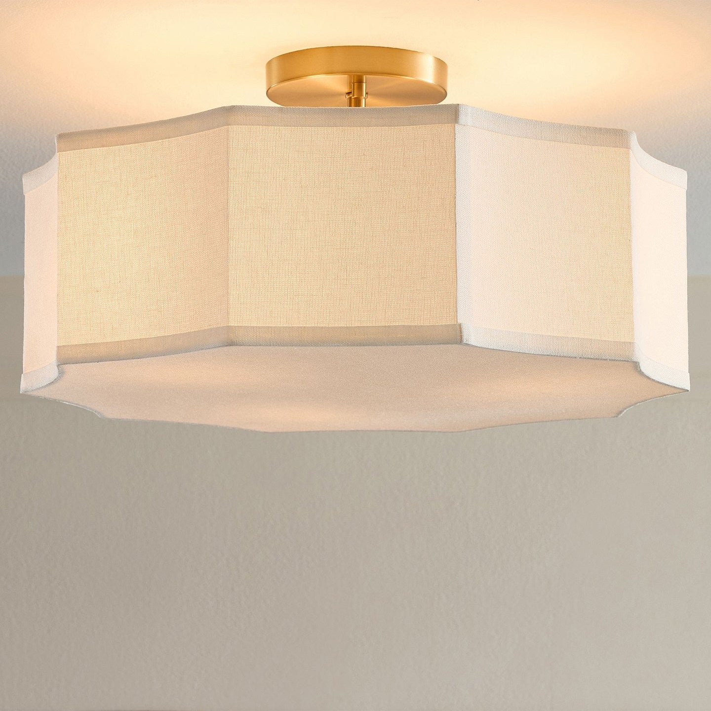Close-up of the Prescott Flush Mount, highlighting the texture of the linen fabric shade.