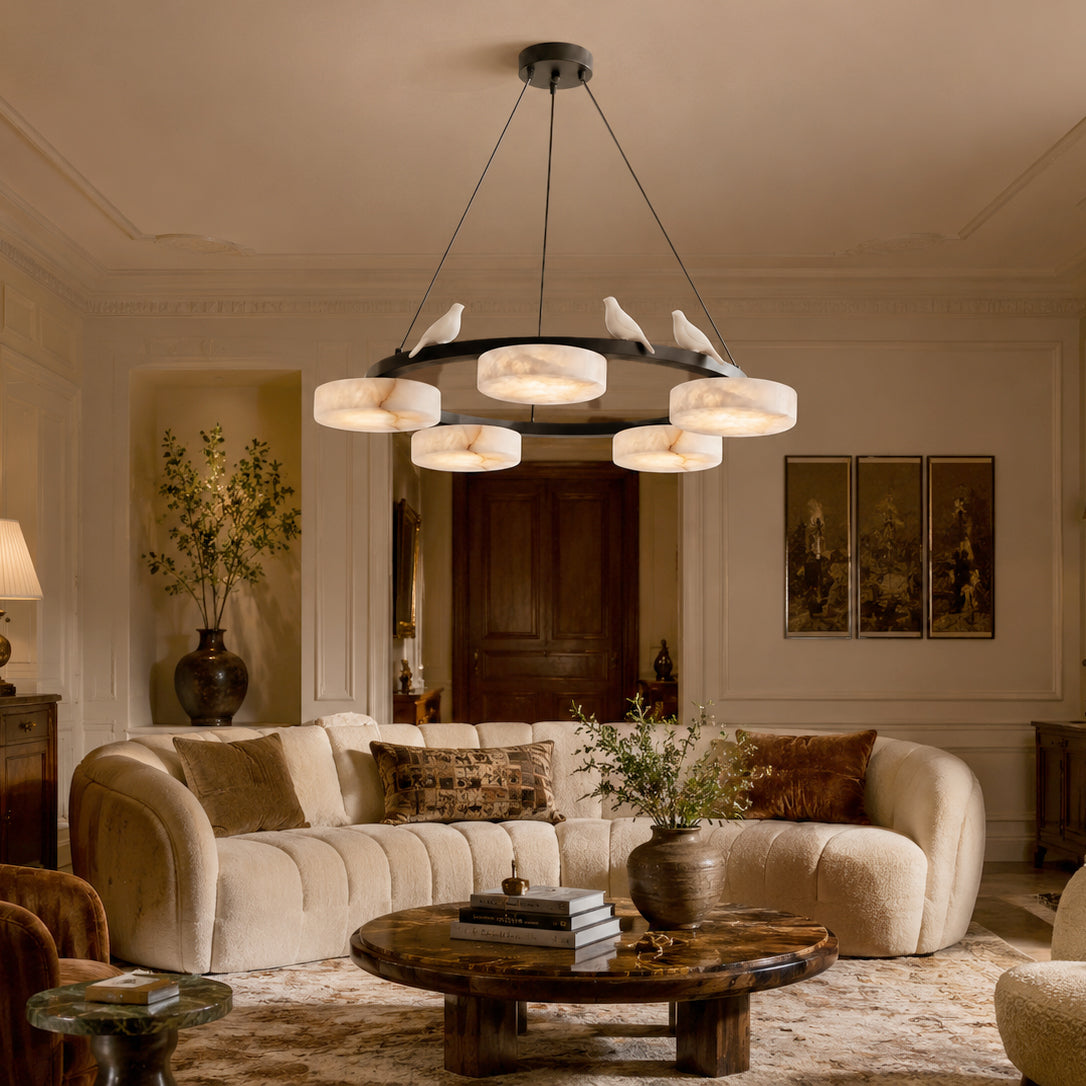 Close-up of a genuine alabaster disc shade on the Sienna chandelier.