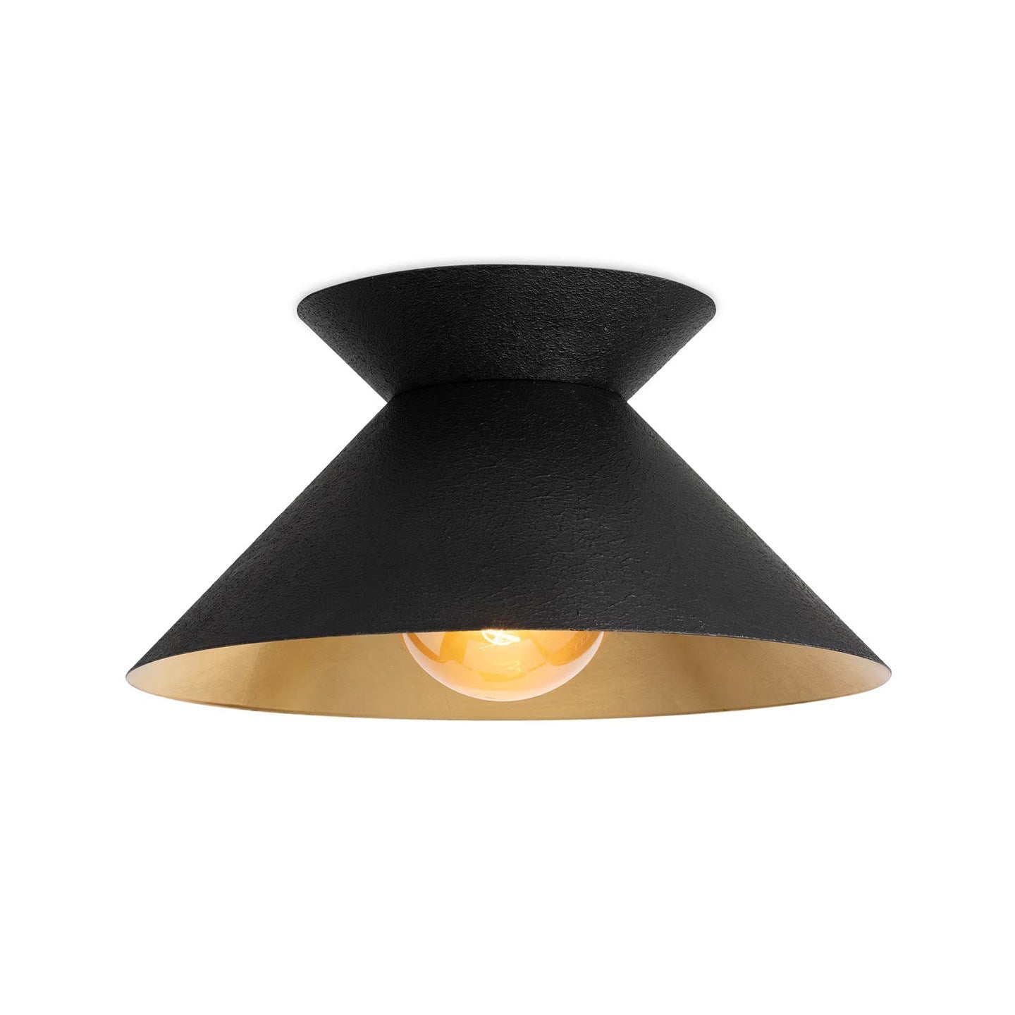Close-up view of the Stellan Cone Flush Mount, highlighting its metal construction and diabolo shape.