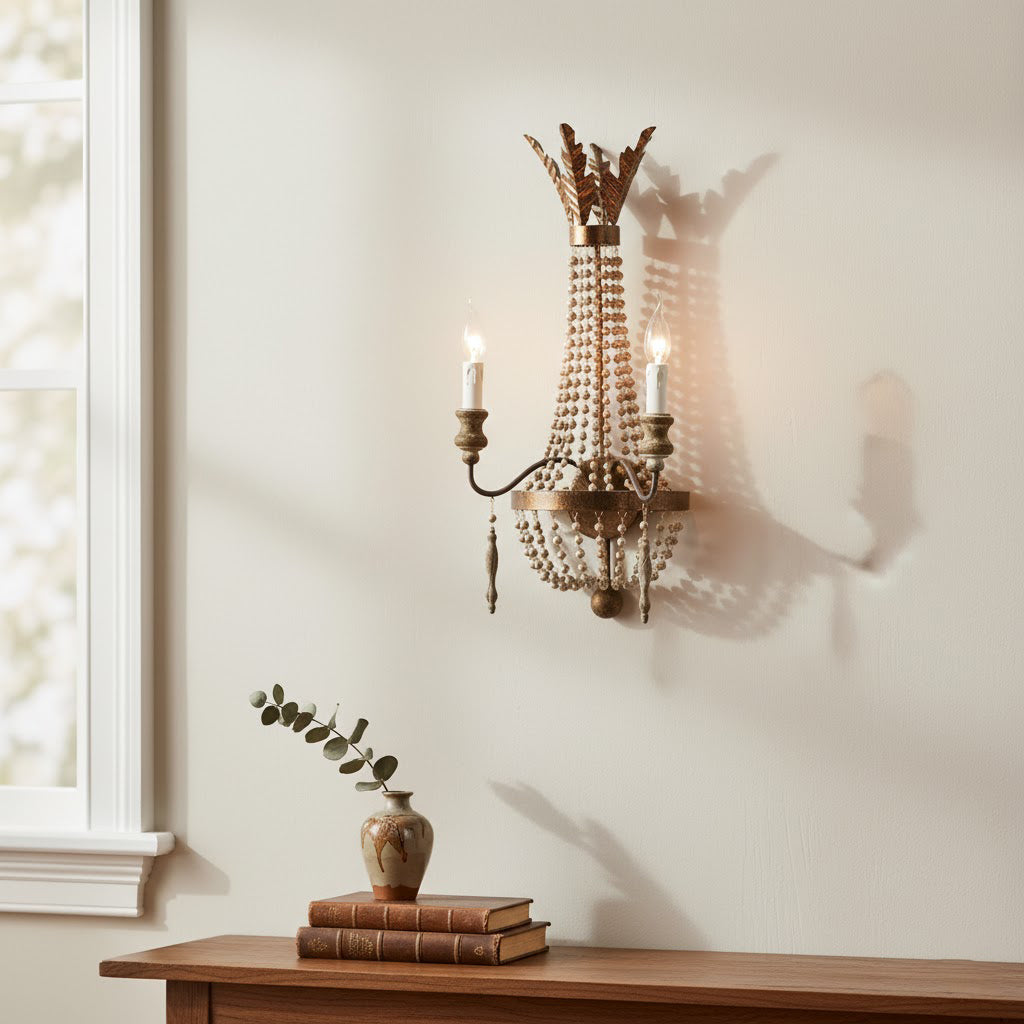Close-up of the Delacroix Wall Lamp's wooden bead detailing.