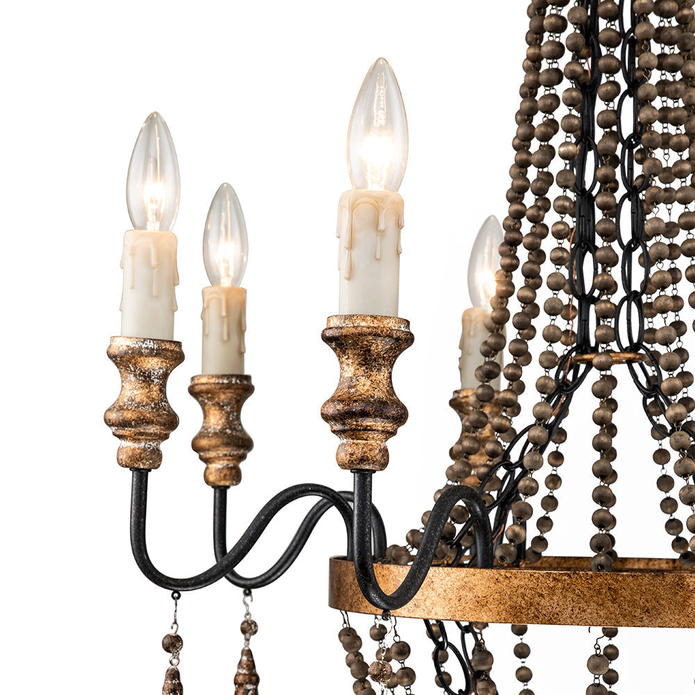 A detailed view of the interplay between the wooden beads and iron arms.
