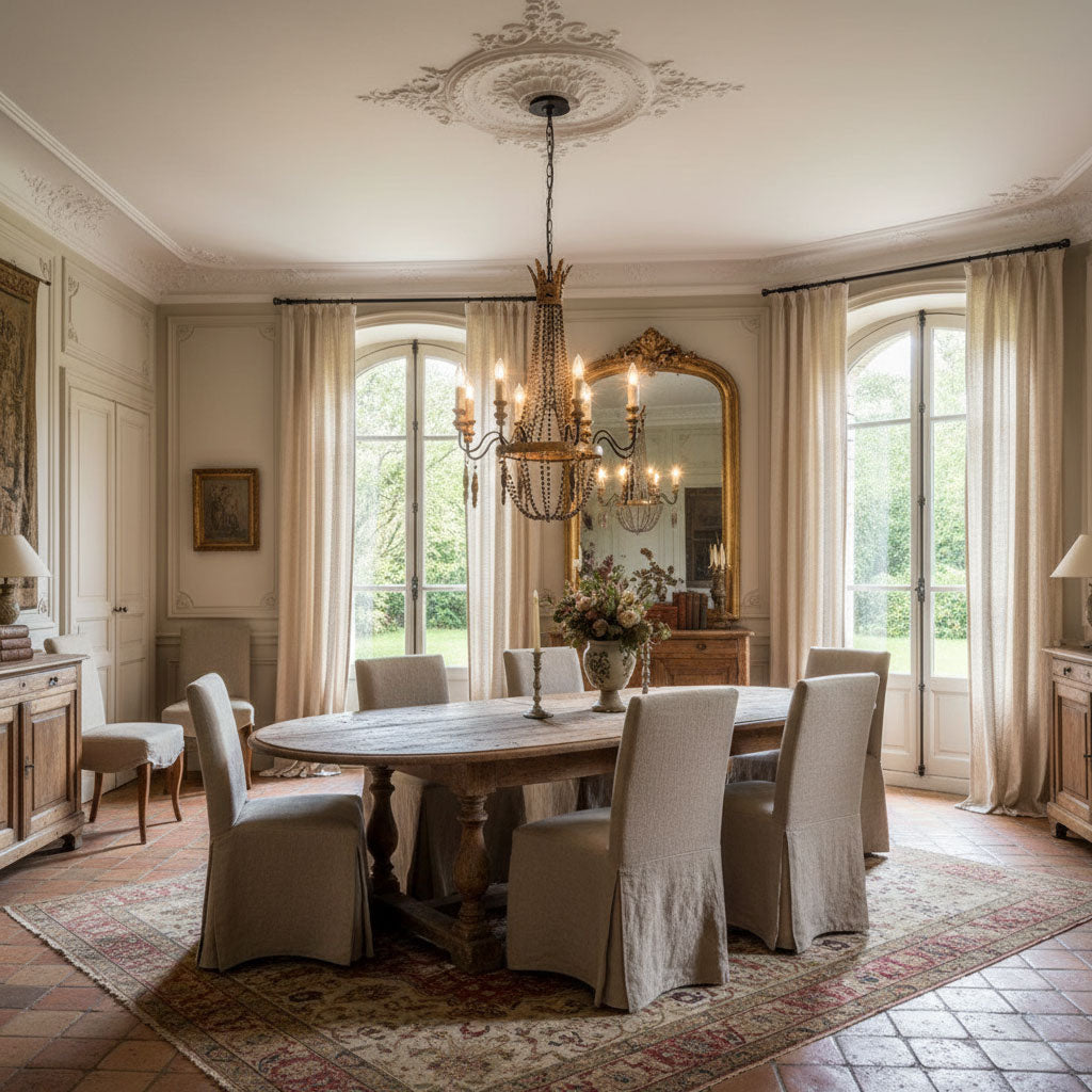 Delacroix Chandelier illuminated, casting a warm and inviting glow.