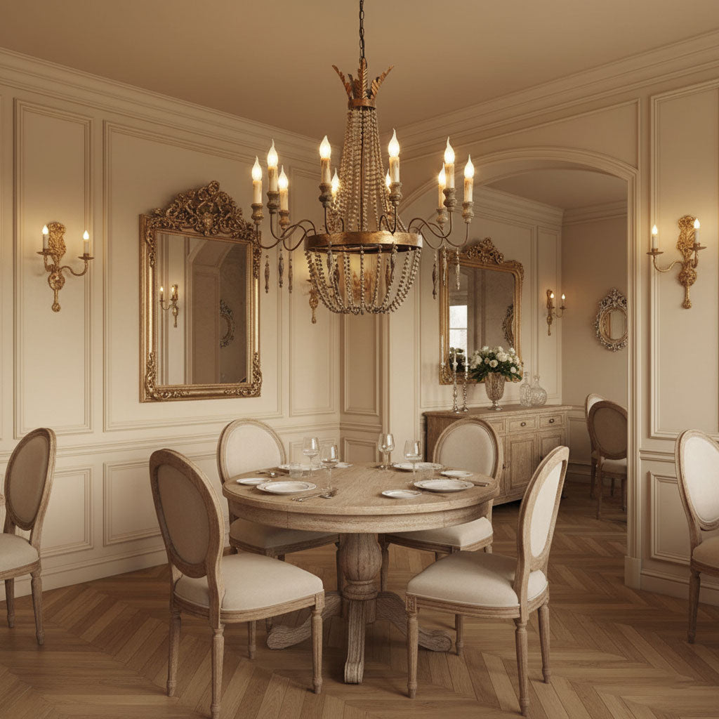 The antique gold Delacroix Chandelier against a dark, dramatic wall.