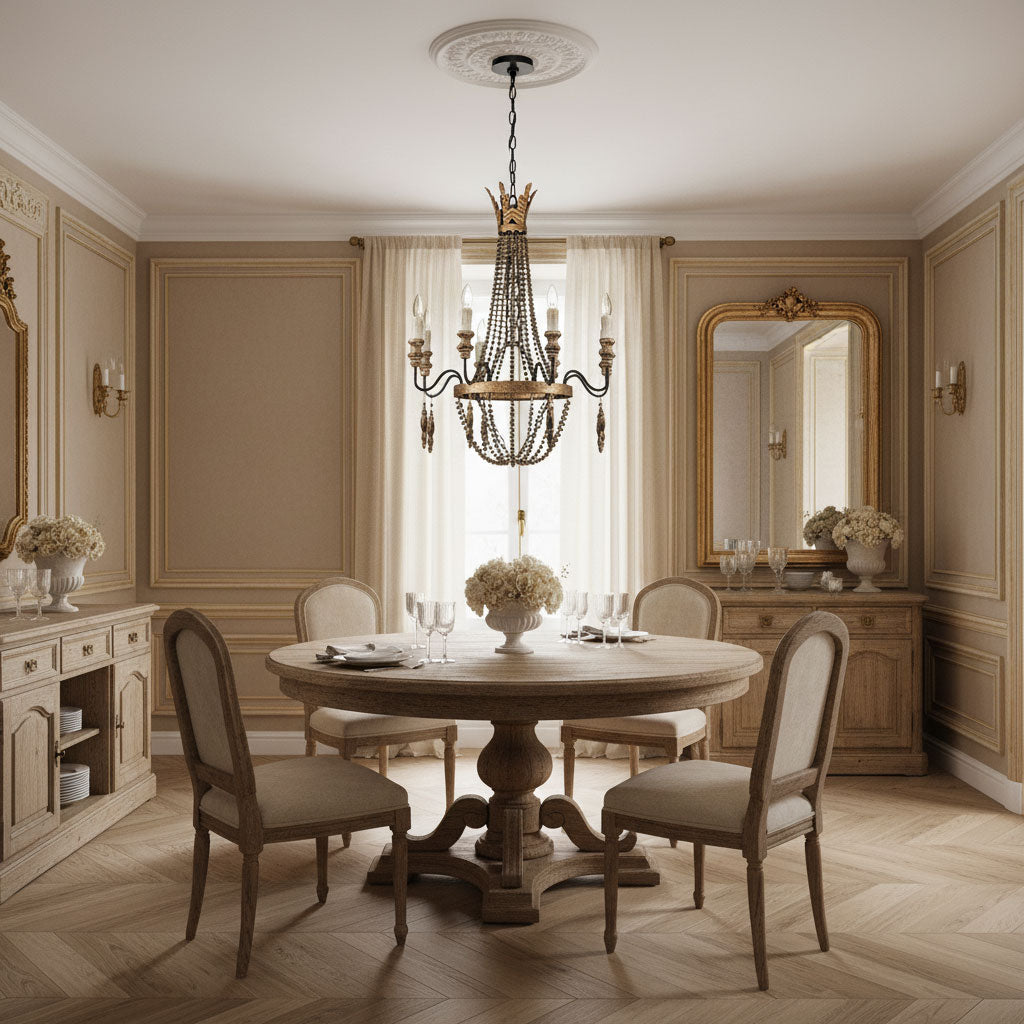 The black grey Delacroix Chandelier in a classic living room.