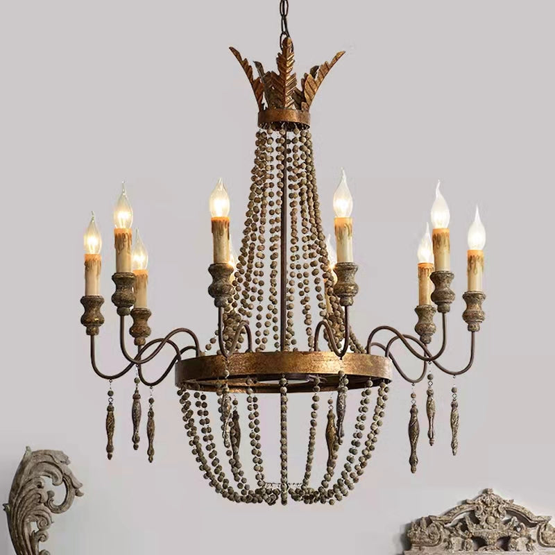 Close-up of the wooden bead details on the Delacroix Chandelier.