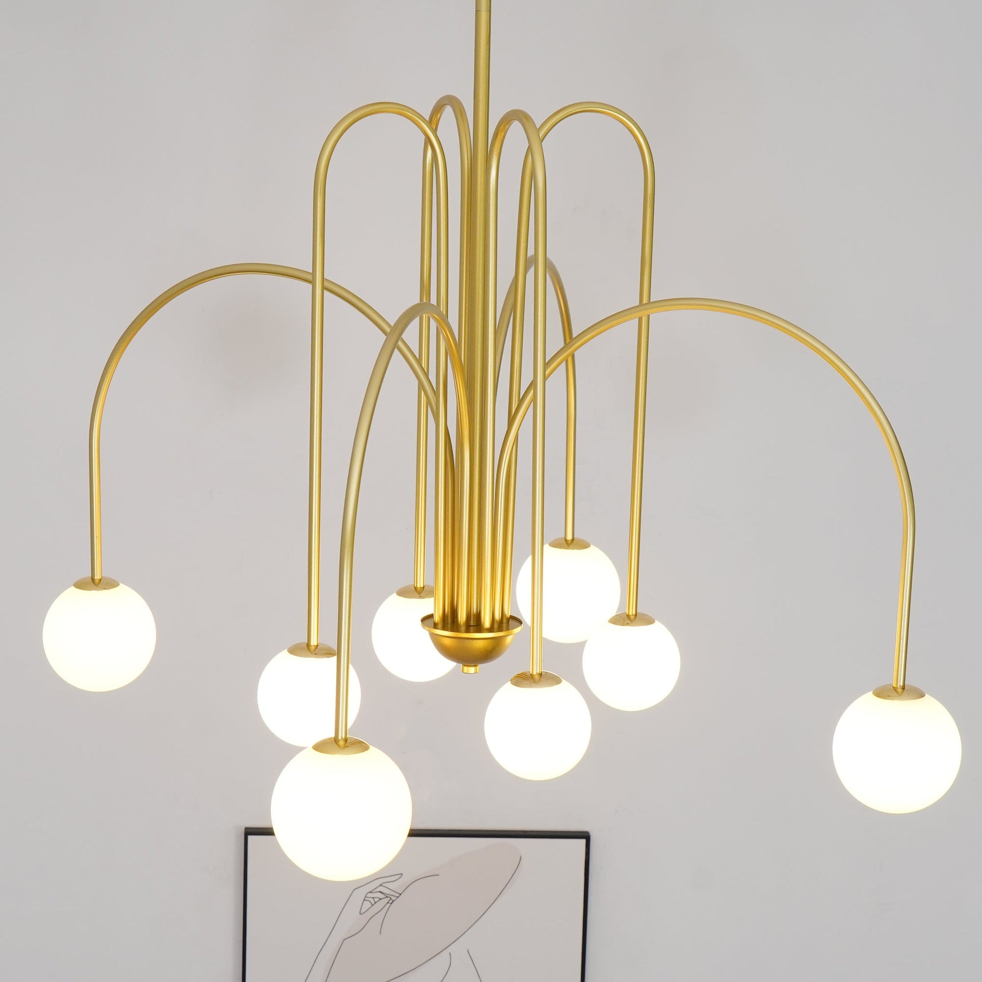 Sevi Chandelier Brass Curved Arms White Globe-Neutral Decor