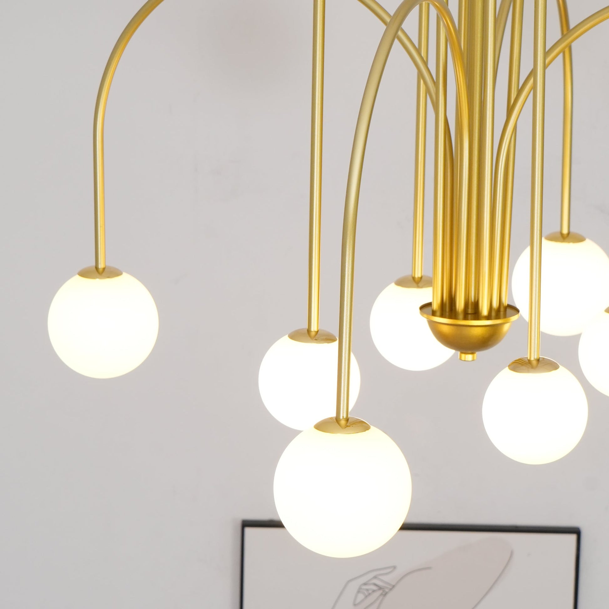 Sevi Chandelier Brass Curved Arms White Globe-Neutral Decor