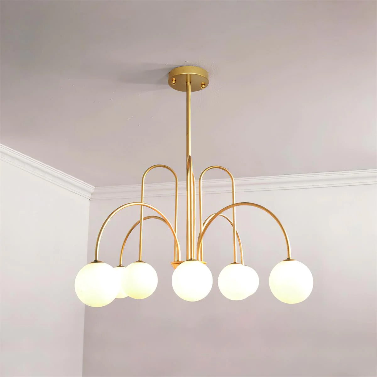 Sevi Chandelier Brass Curved Arms White Globe-Neutral Decor