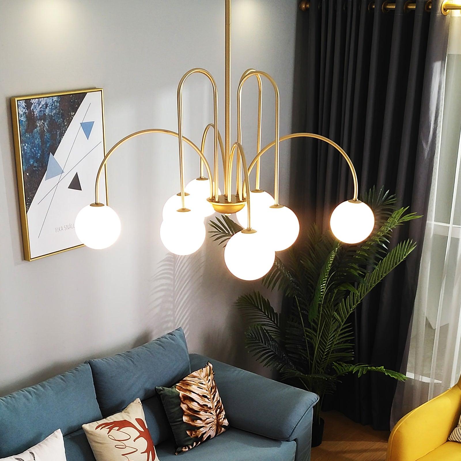Sevi Chandelier Brass Curved Arms White Globe-Neutral Decor