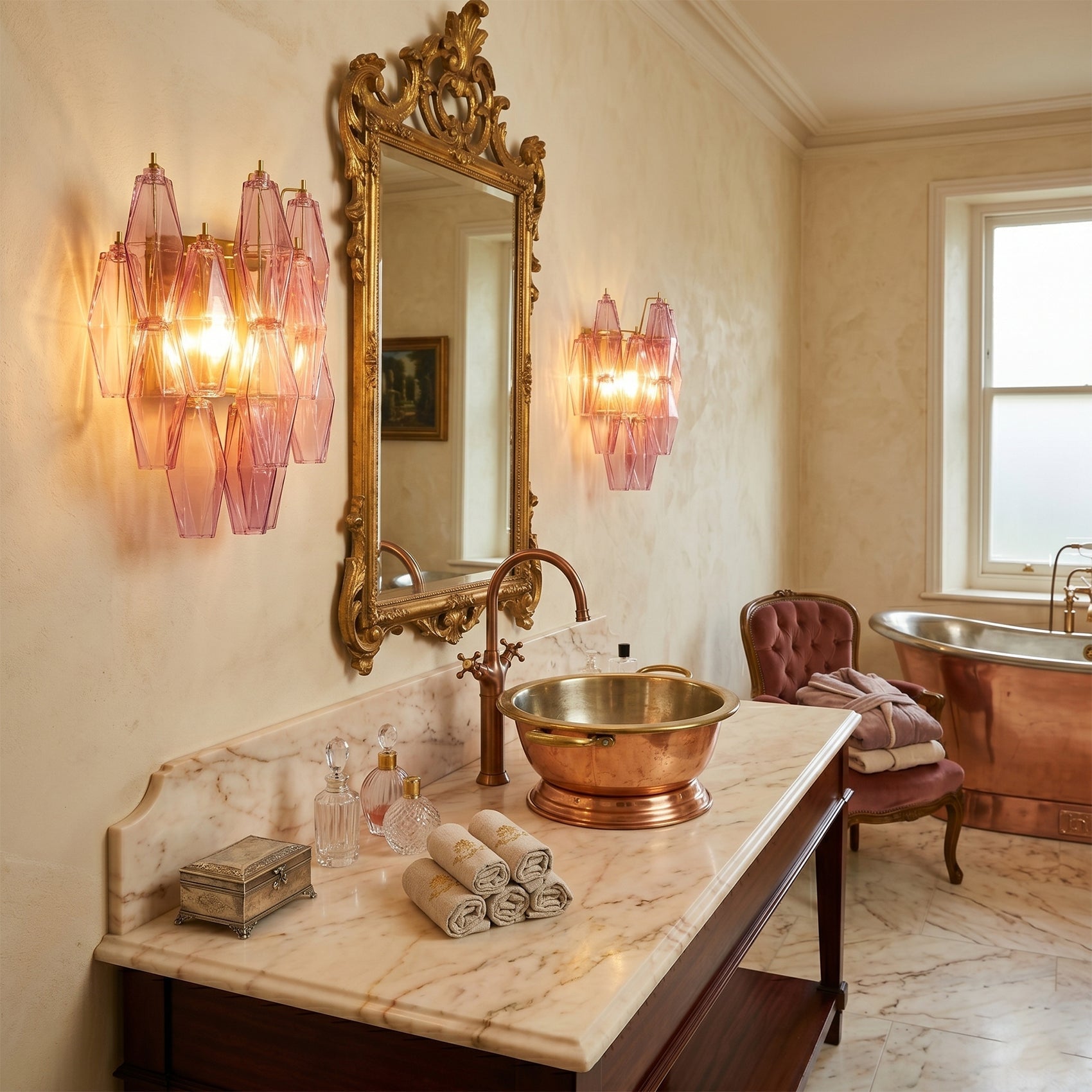 Amber glass Delano sconce casting a warm glow.