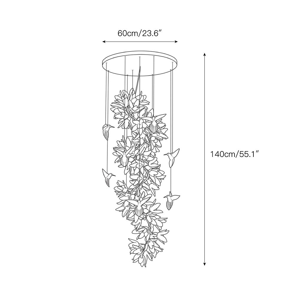 View from below of the cascading floral chandelier.