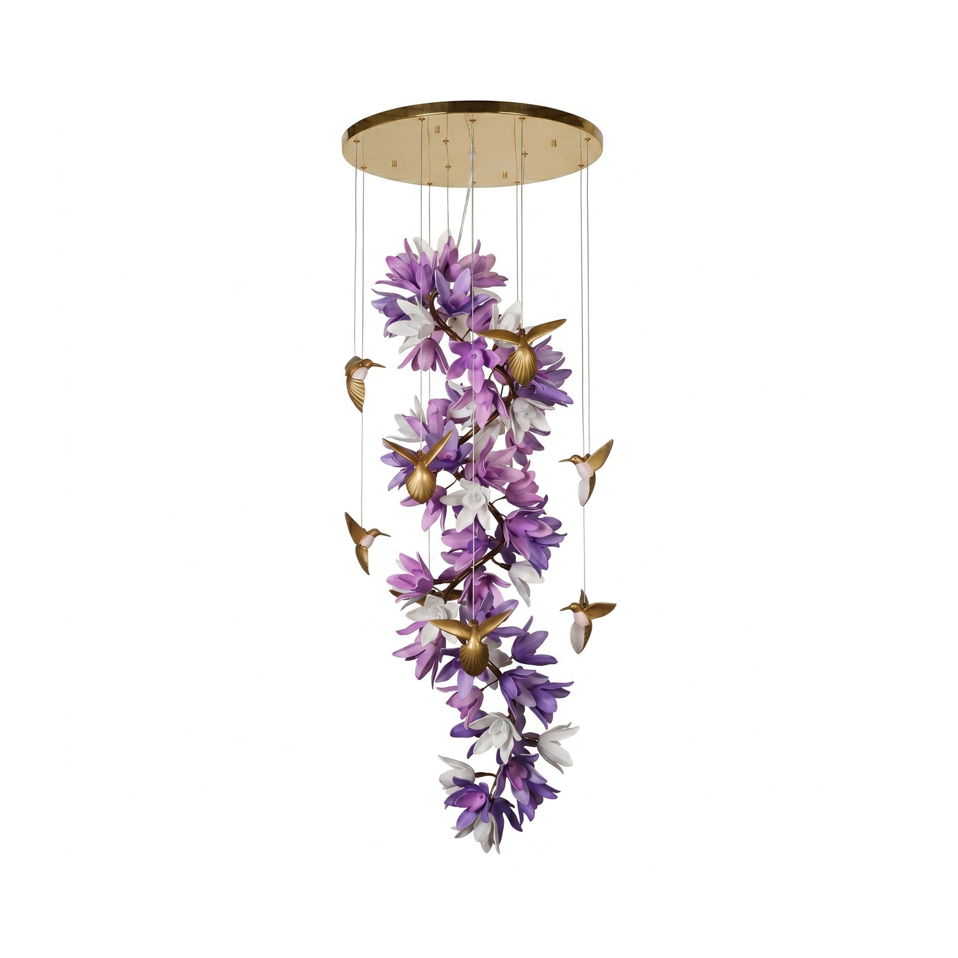 Delphinium Purple Chandelier hanging in a grand stairwell.