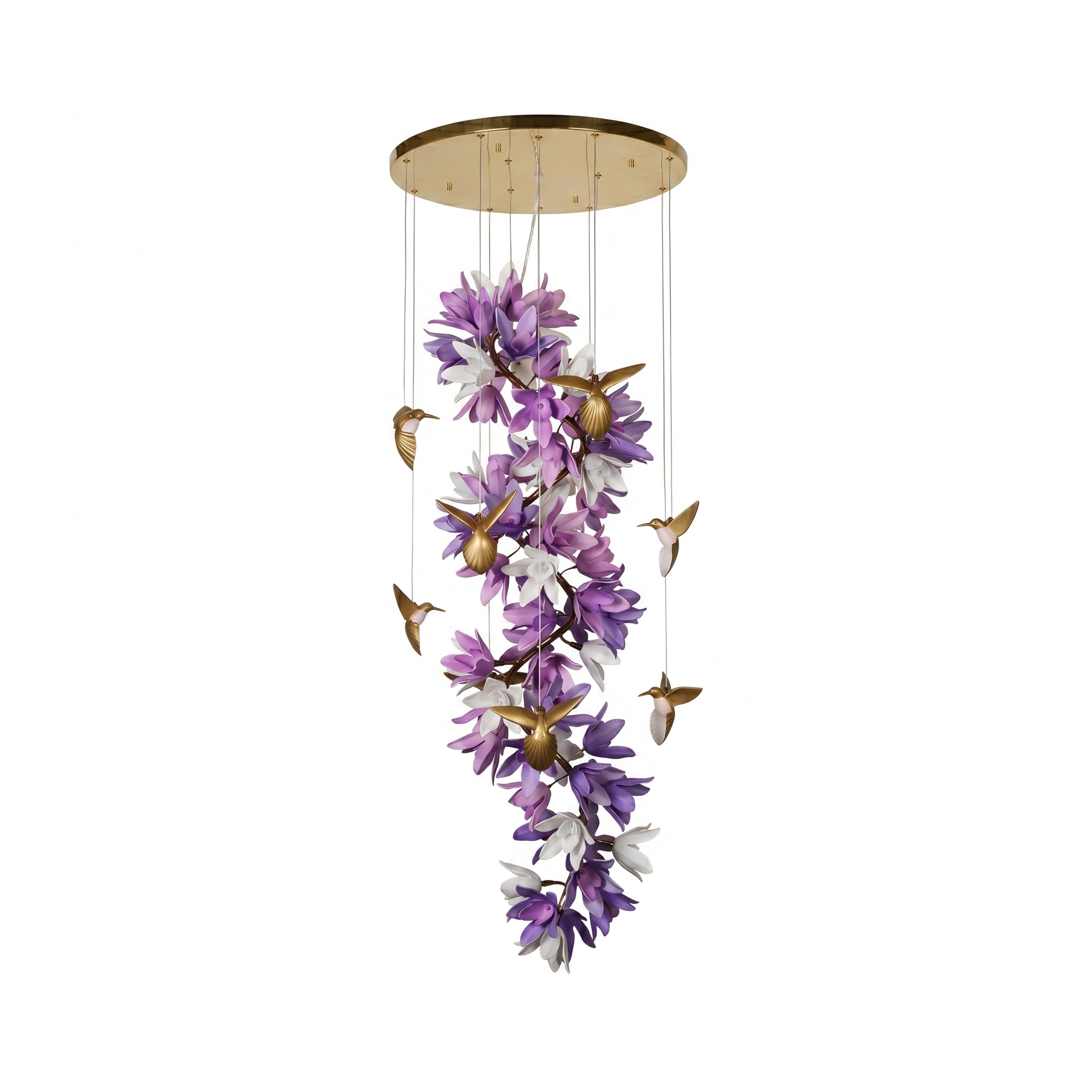 Delphinium Purple Chandelier hanging in a grand stairwell.