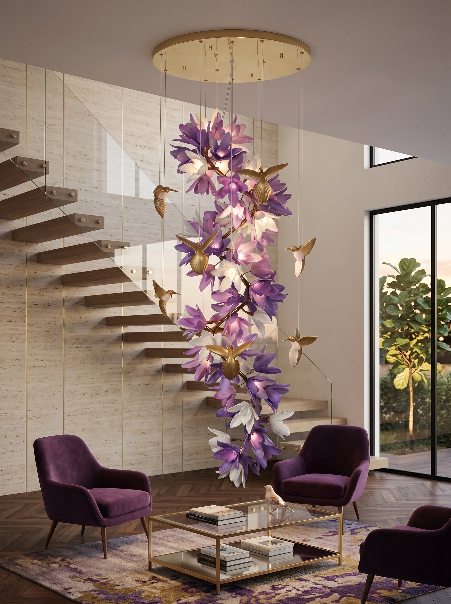 The chandelier with lights off, showcasing the rich purple ceramic.