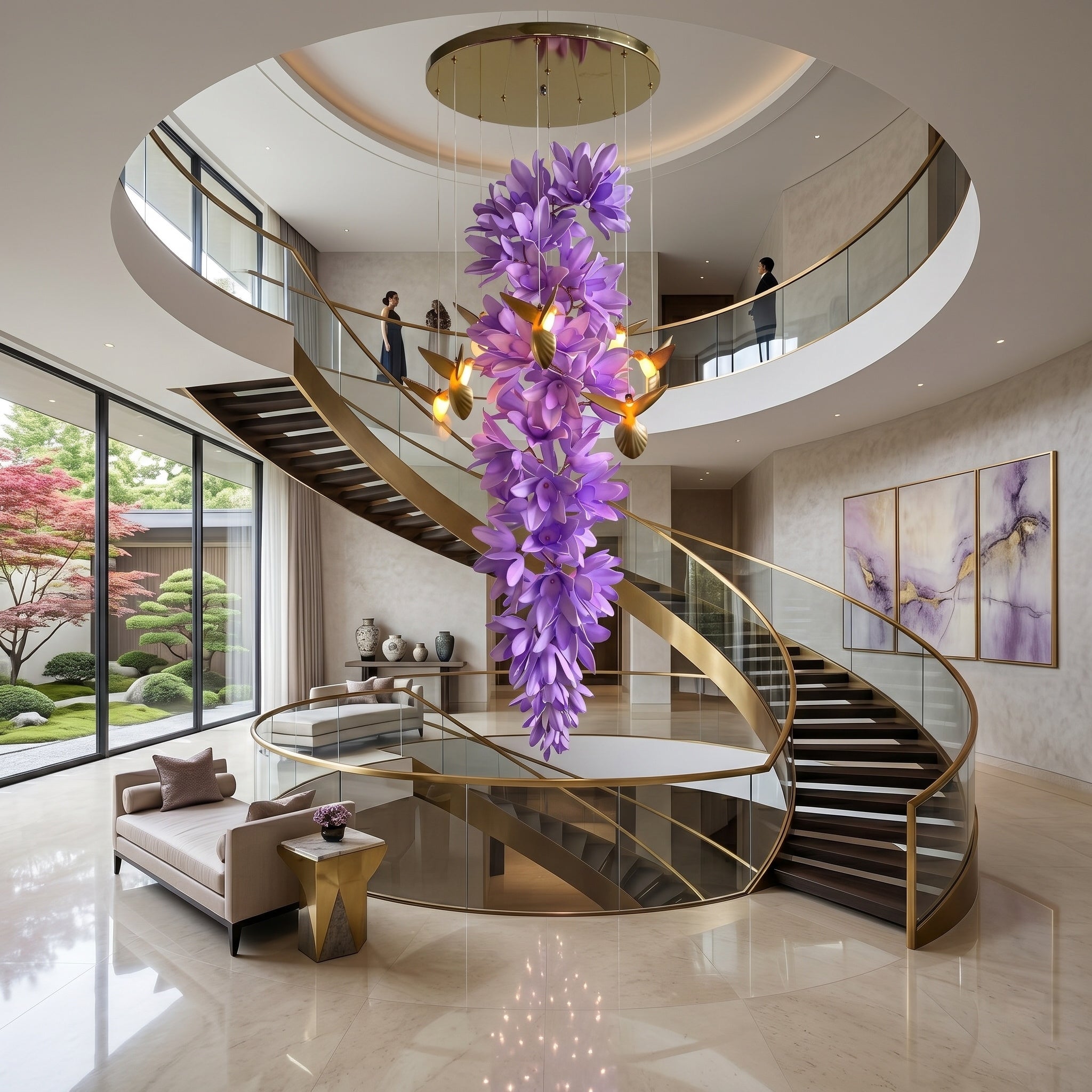 The purple chandelier illuminating a two-story foyer.