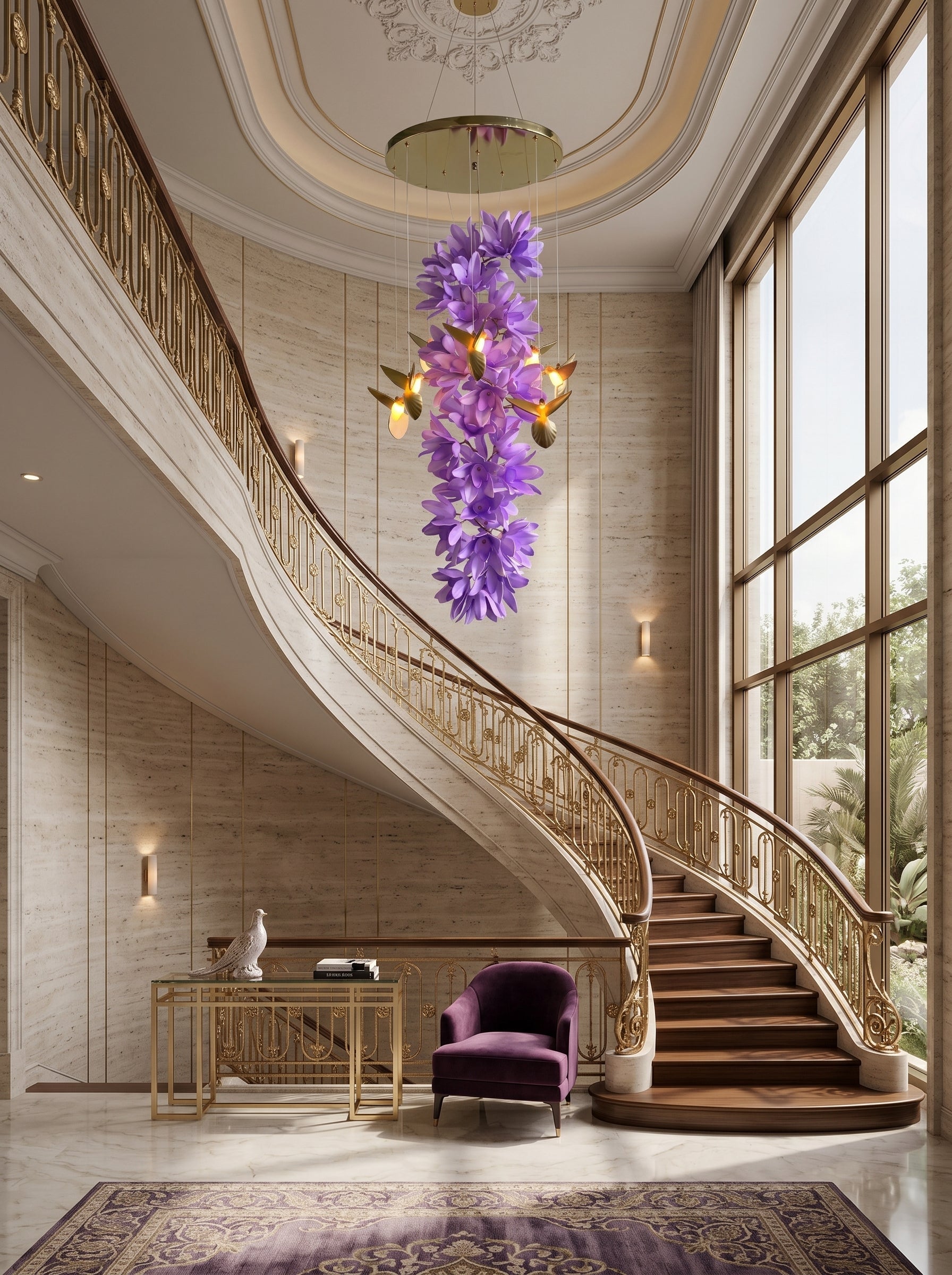 The circular iron canopy of the Delphinium Chandelier.