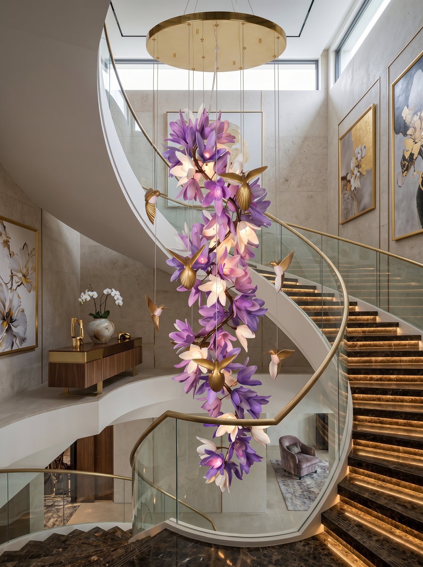 The chandelier with lights on, casting a warm and inviting glow.