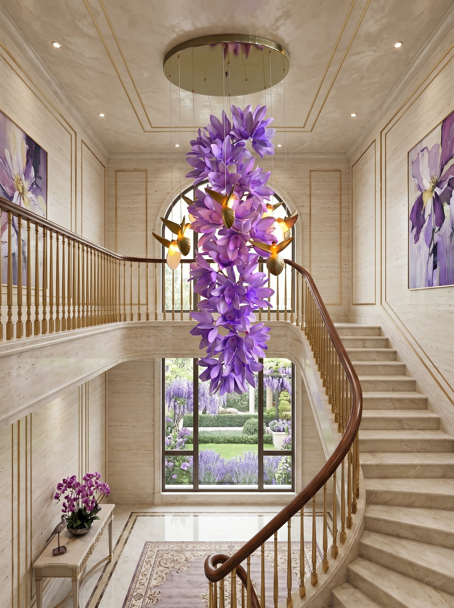 The purple and white ceramic flower variant of the chandelier.