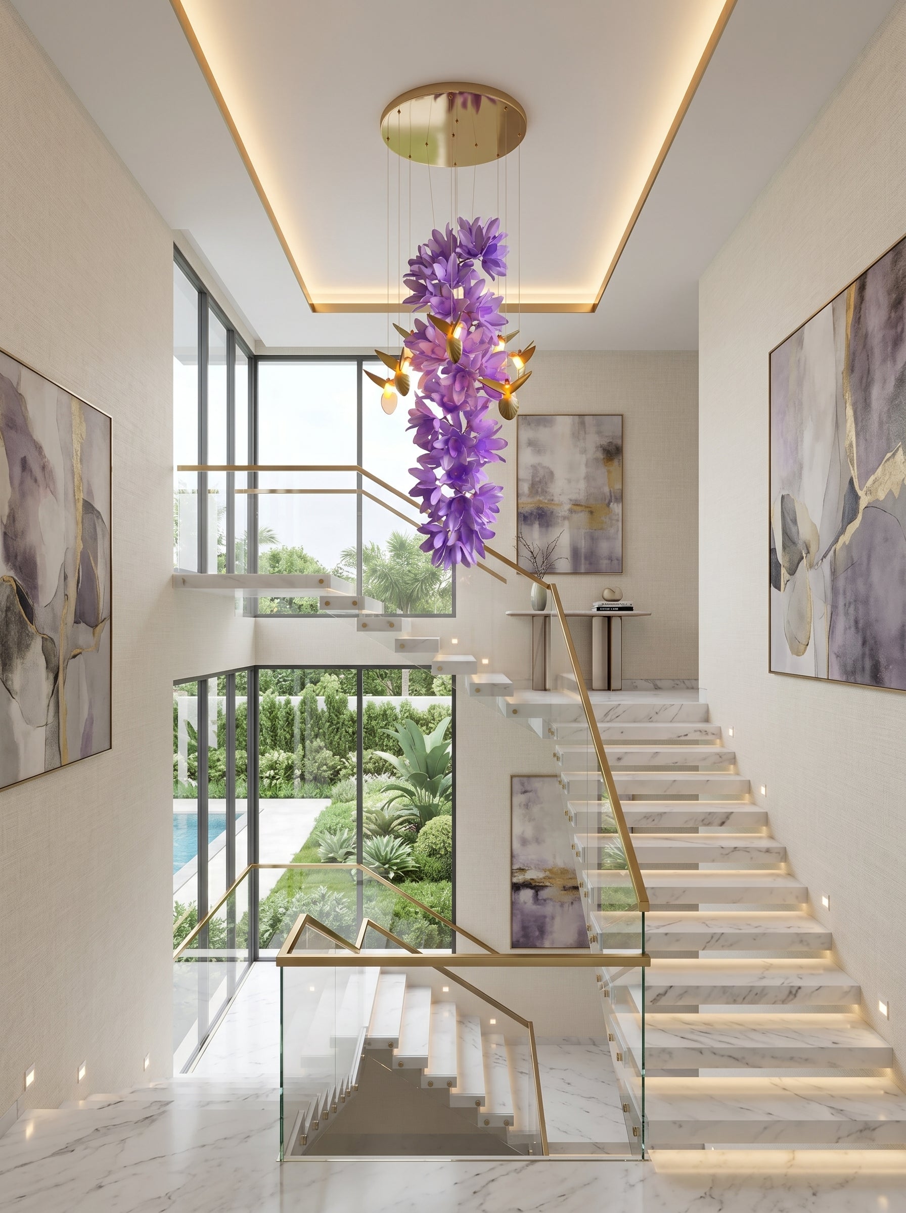 Installation of the chandelier in a modern atrium.