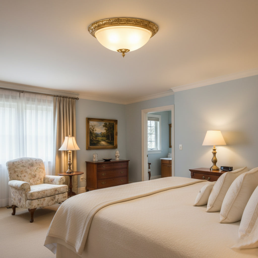 The brass Deltana lamp providing ambient light in a stylish bedroom.