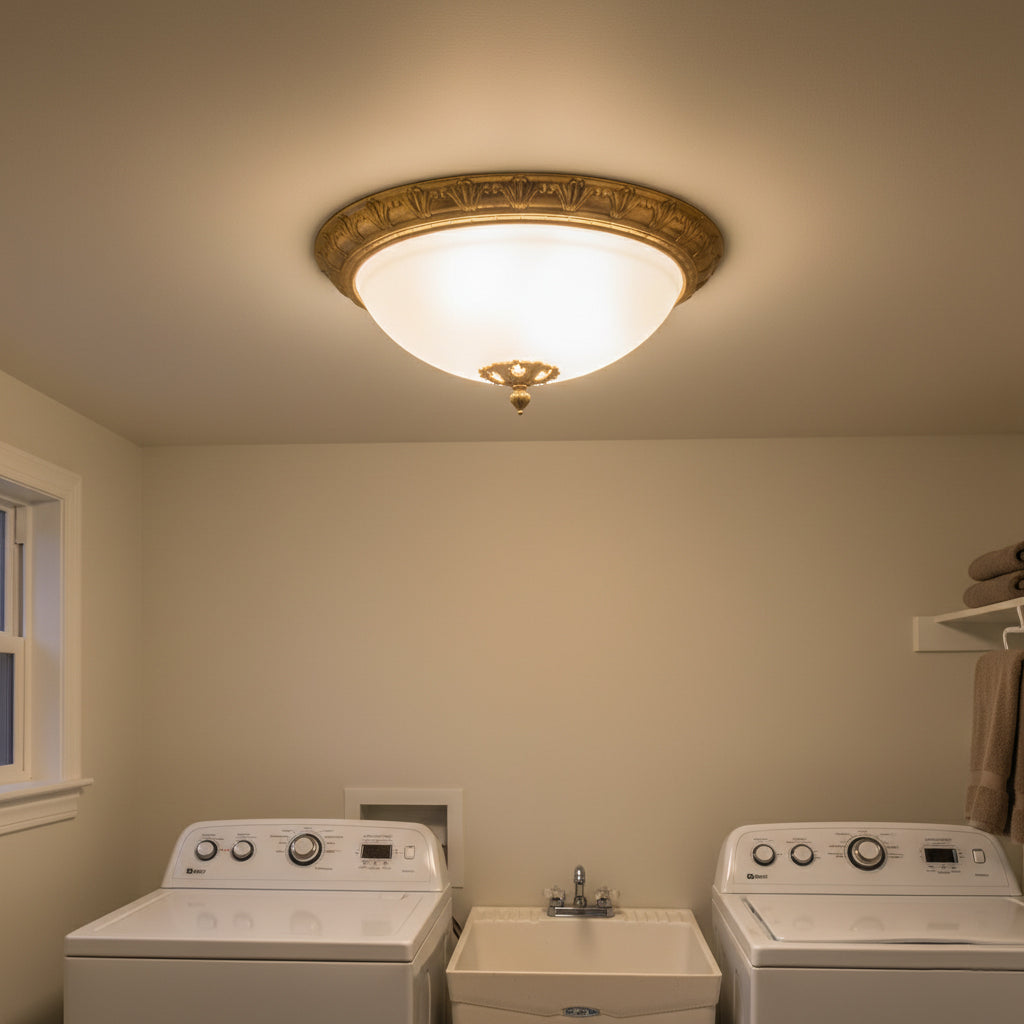 The white Deltana lamp installed in a minimalist hallway.